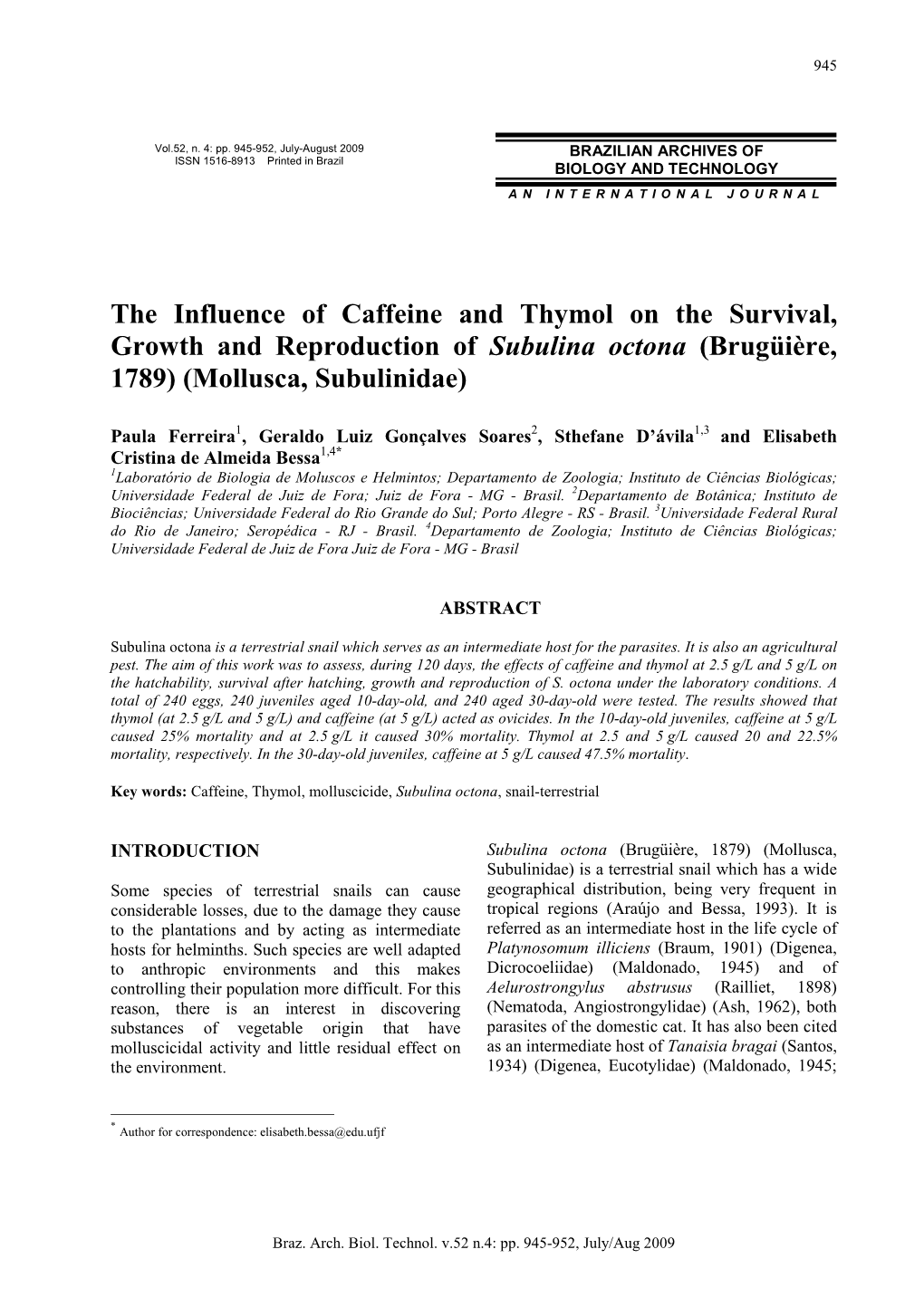 The Influence of Caffeine and Thymol on the Survival, Growth and Reproduction of Subulina Octona (Brugüière, 1789)(Mollusca, Subulinidae)