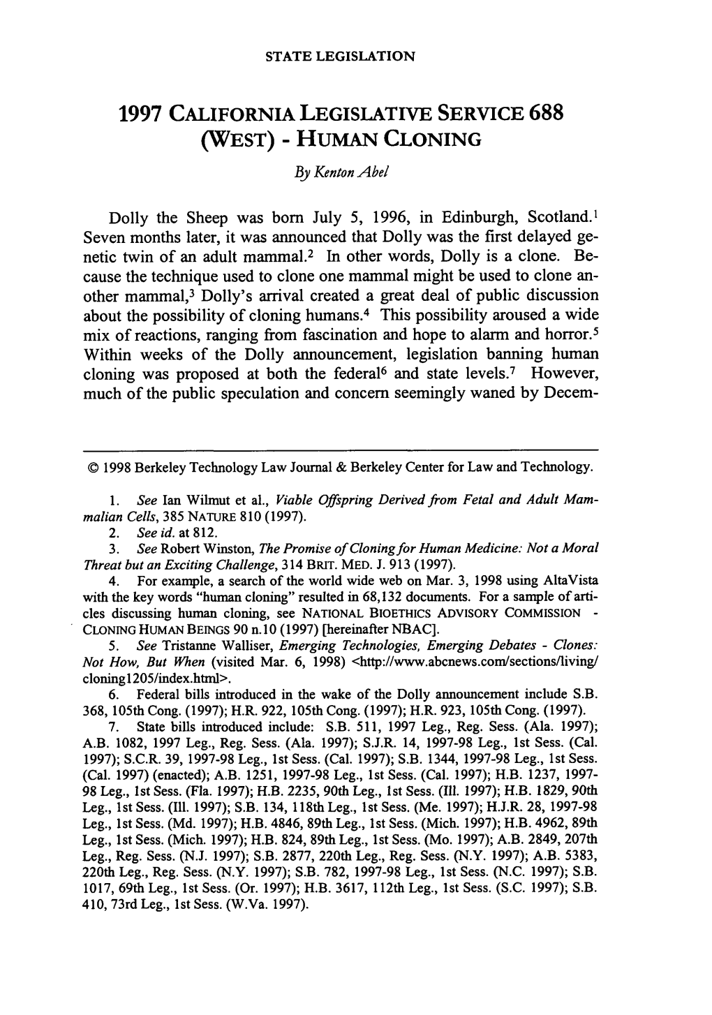 1997 CALIFORNIA LEGISLATIVE SERVICE 688 (WEST) - HUMAN CLONING by Kenton Abel