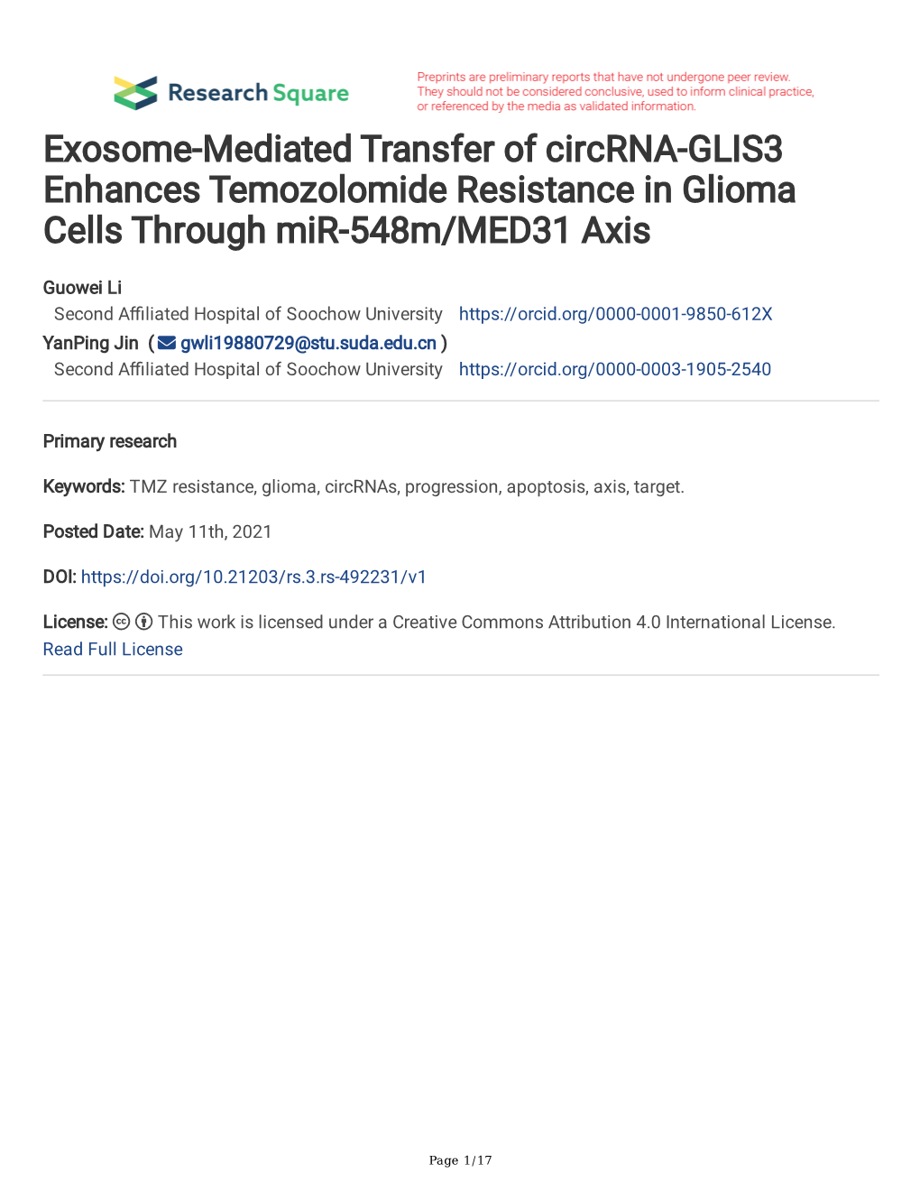 Exosome-Mediated Transfer of Circrna-GLIS3 Enhances Temozolomide Resistance in Glioma Cells Through Mir-548M/MED31 Axis