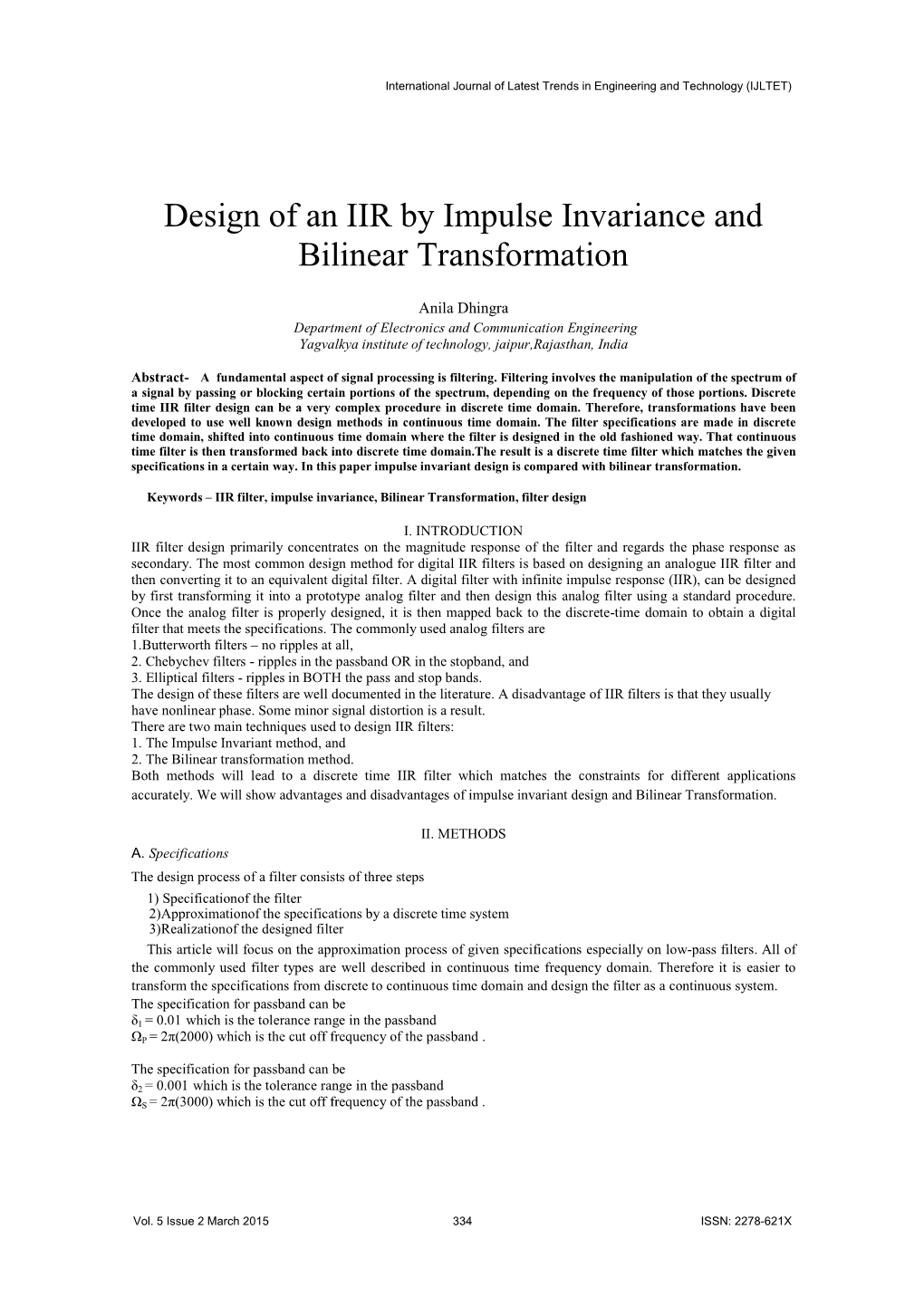 Design of an IIR by Impulse Invariance and Bilinear Transformation
