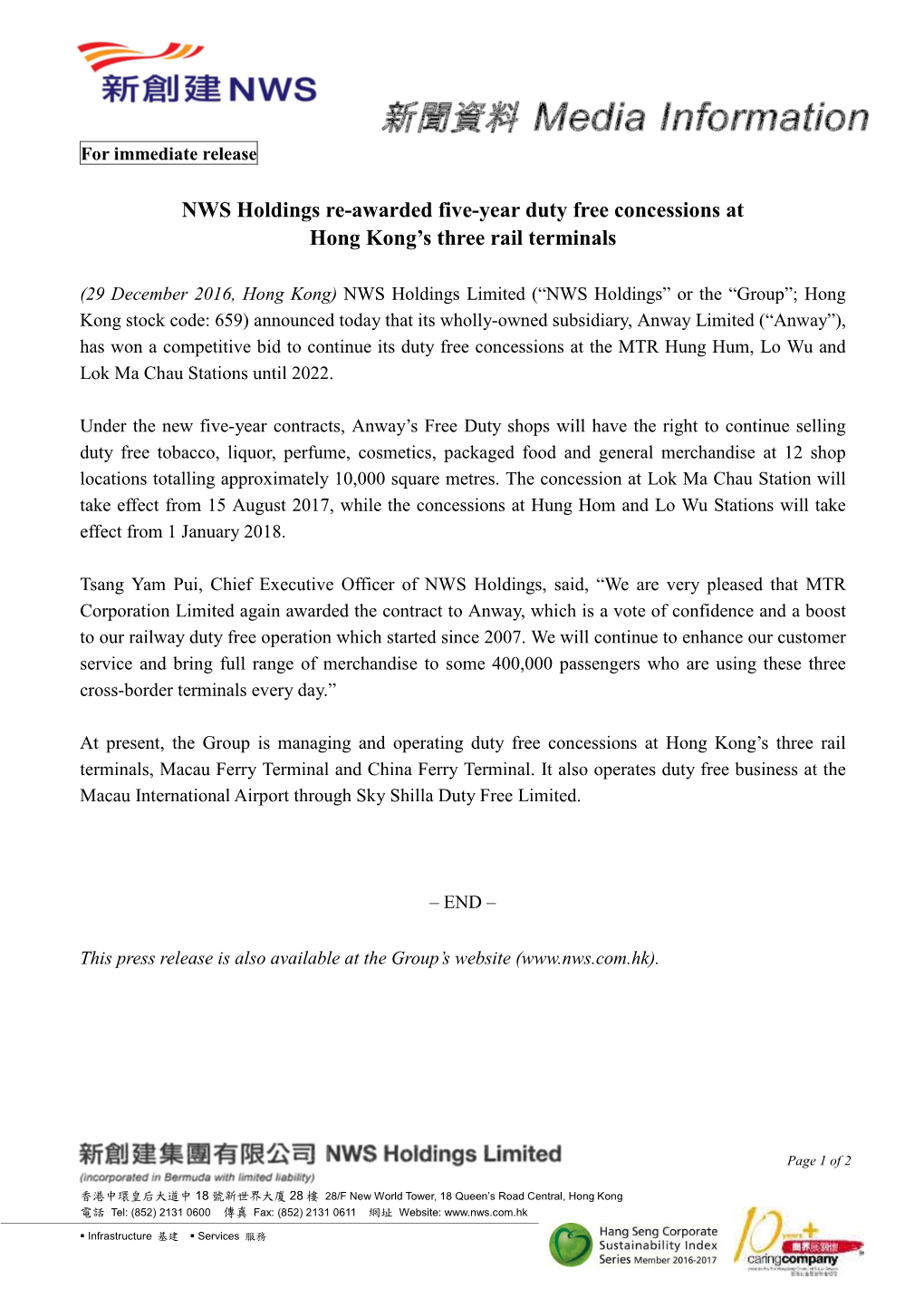 NWS Holdings Re-Awarded Five-Year Duty Free Concessions at Hong Kong’S Three Rail Terminals