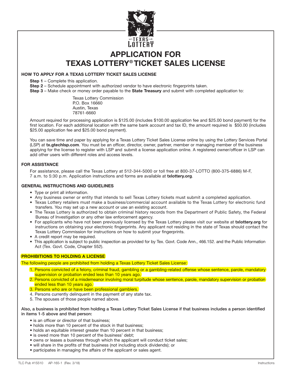 Application for Texas Lottery Ticket Sales License