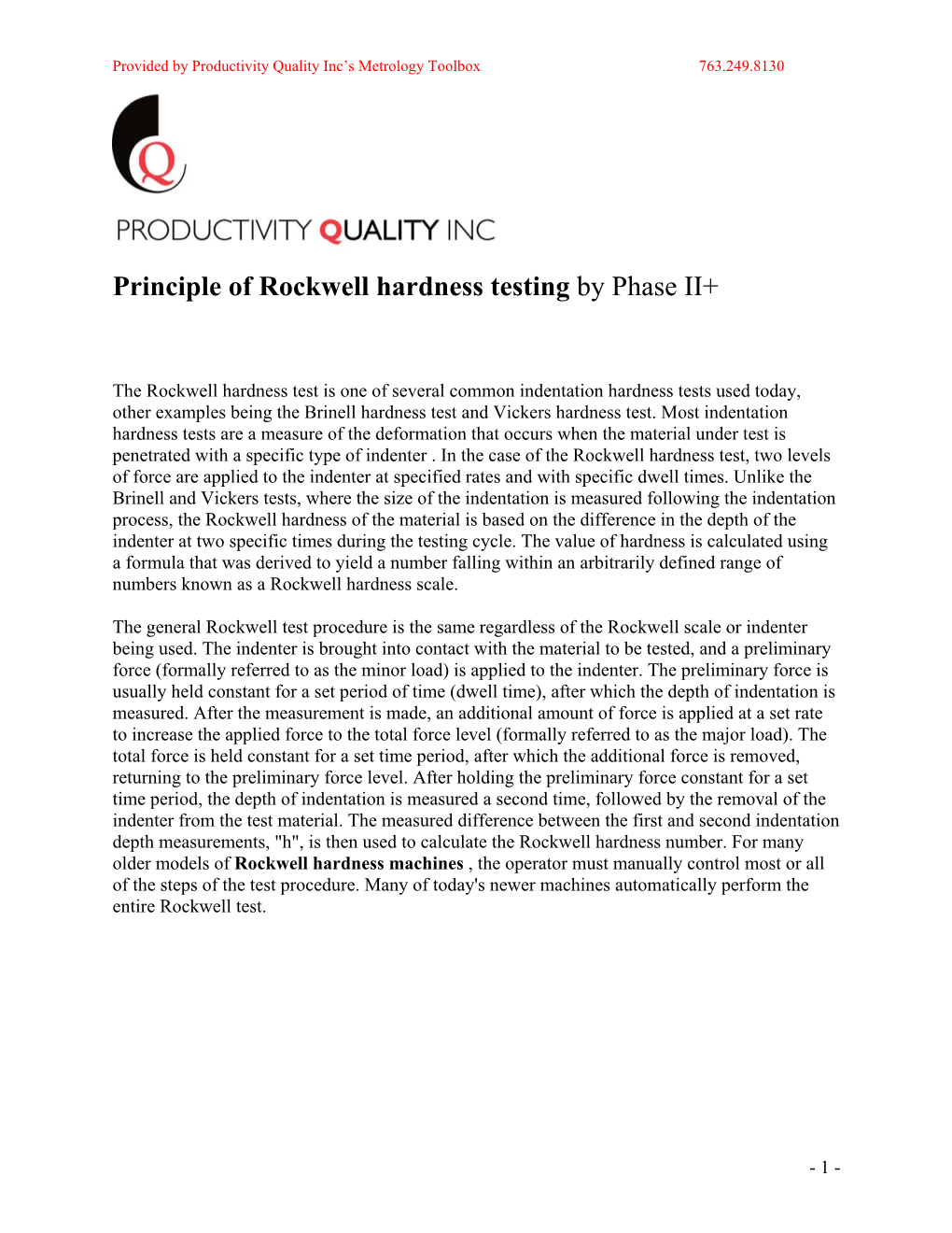 Principle of Rockwell Hardness Testing by Phase II+