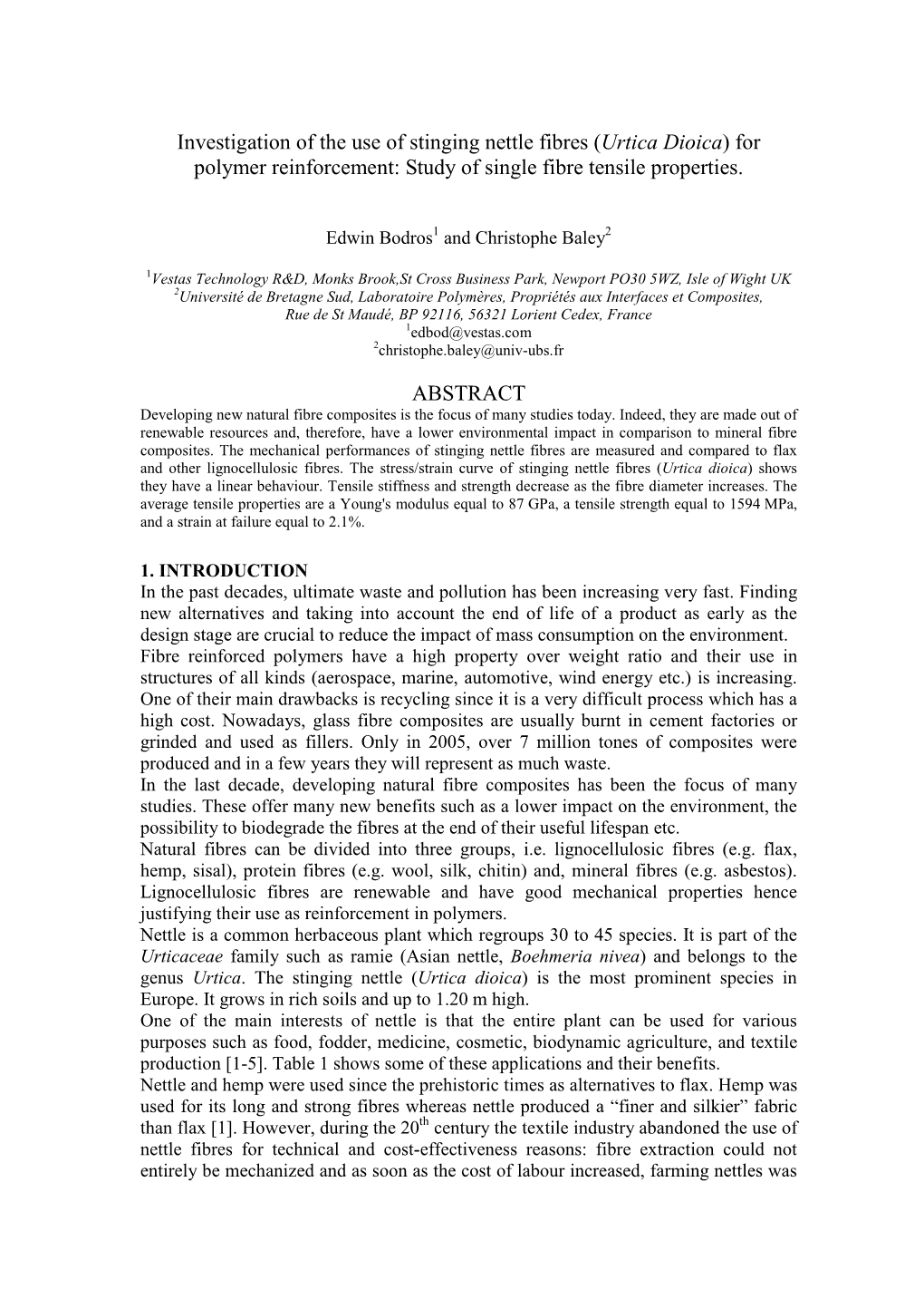 Investigation of the Use of Stinging Nettle Fibres (Urtica Dioica)