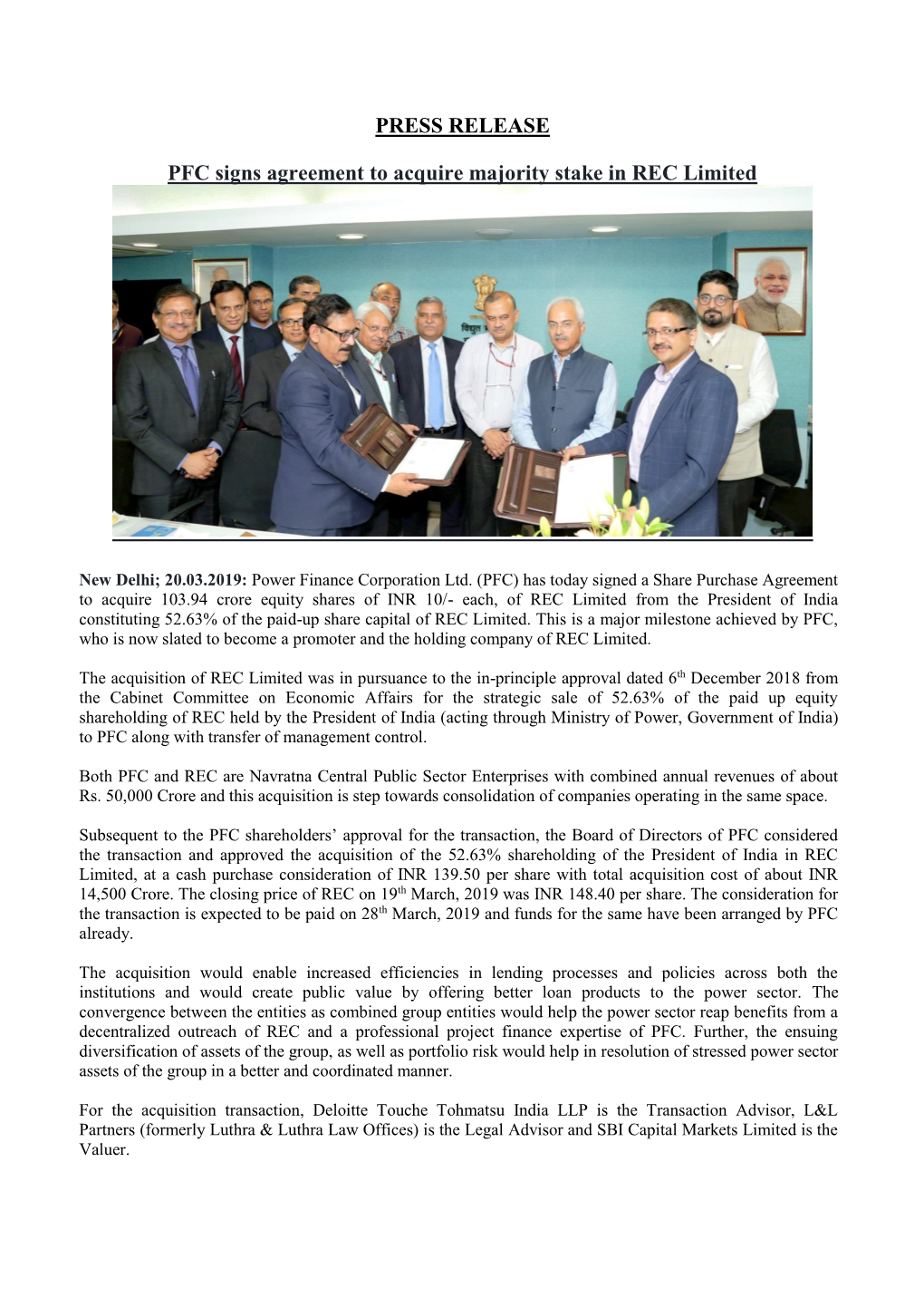 PRESS RELEASE PFC Signs Agreement to Acquire Majority Stake in REC Limited