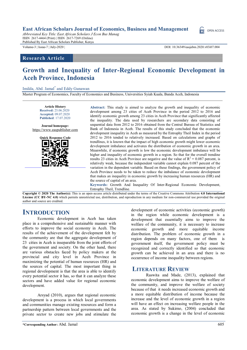 Growth and Inequality of Inter-Regional Economic Development in Aceh Province, Indonesia