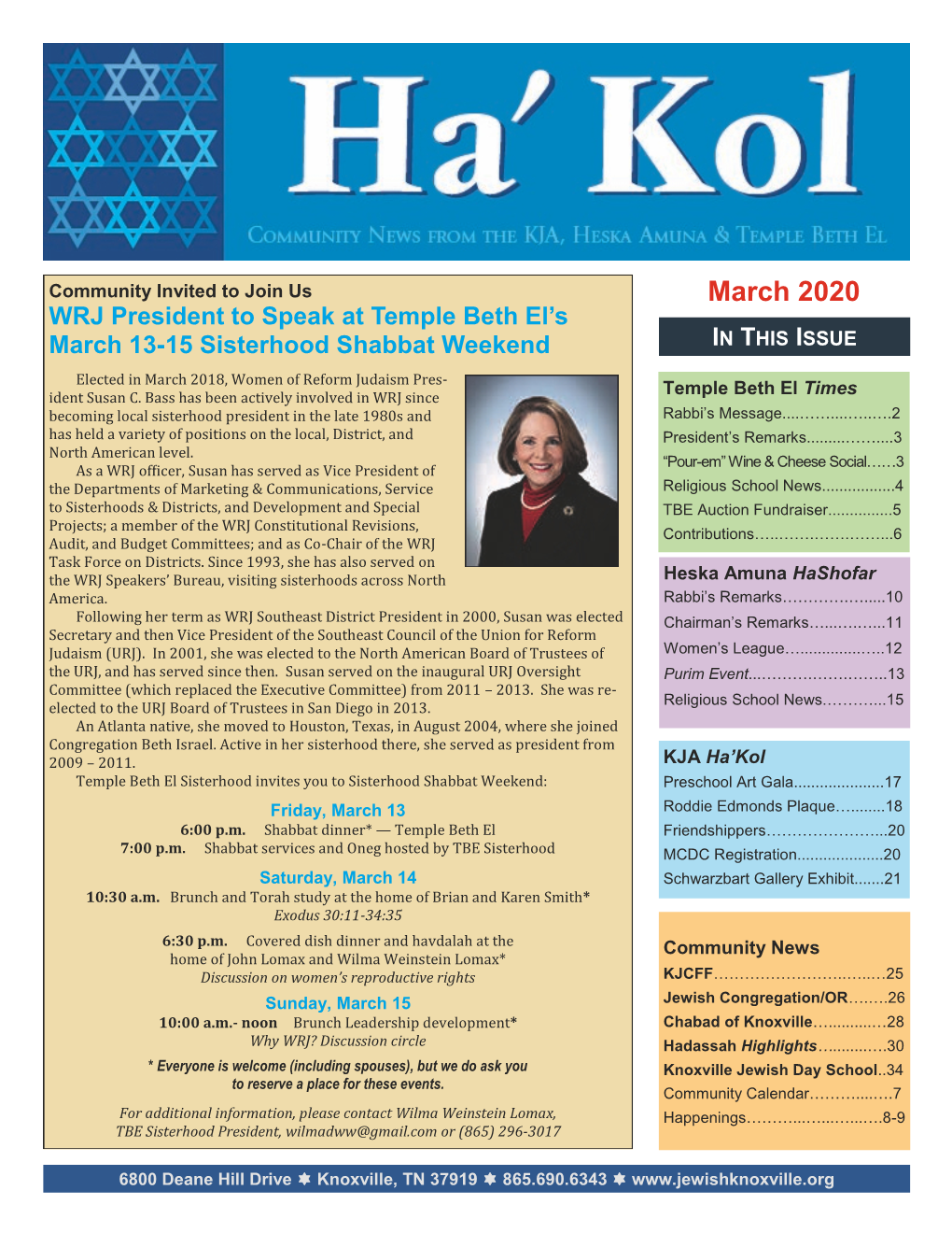 March 2020 WRJ President to Speak at Temple Beth El’S March 13-15 Sisterhood Shabbat Weekend in THIS ISSUE