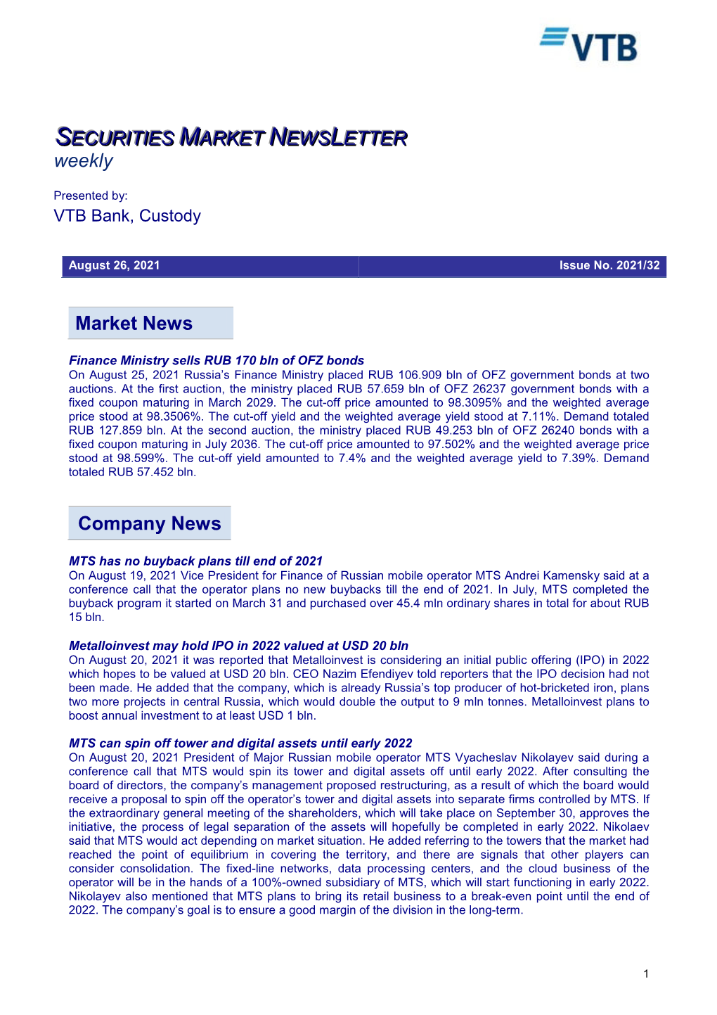 Market News Company News SECURITIES MARKET