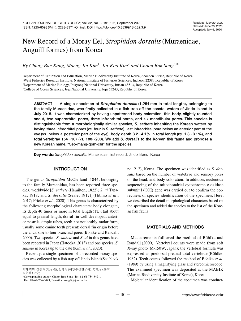 New Record of a Moray Eel, Strophidon Dorsalis (Muraenidae, Anguilliformes) from Korea