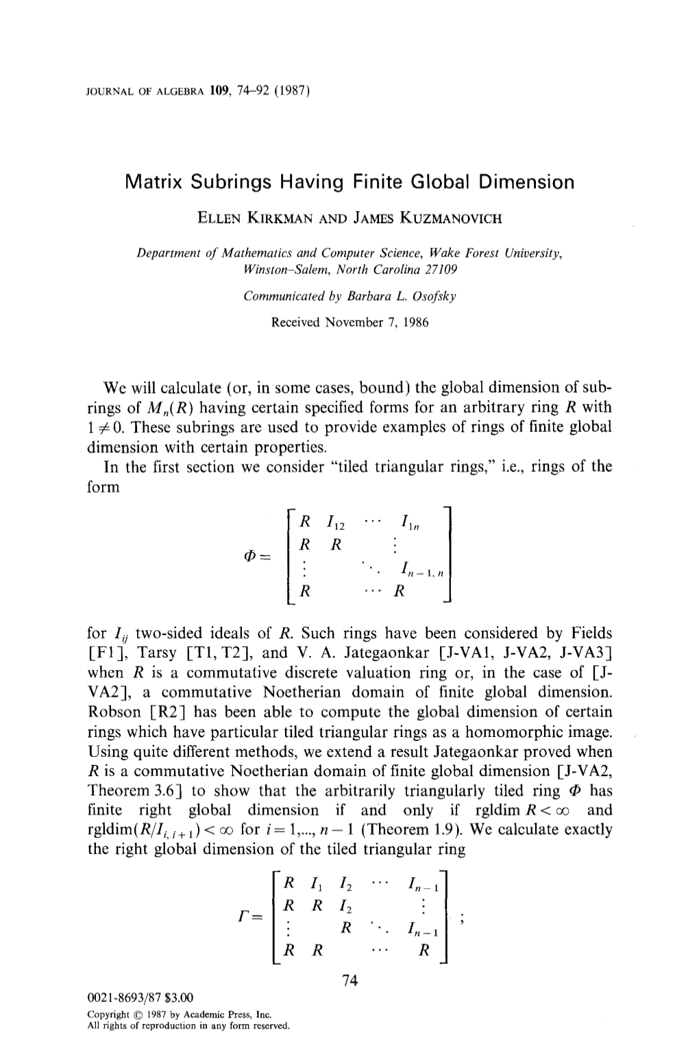 Matrix Subrings Having Finite Global Dimension