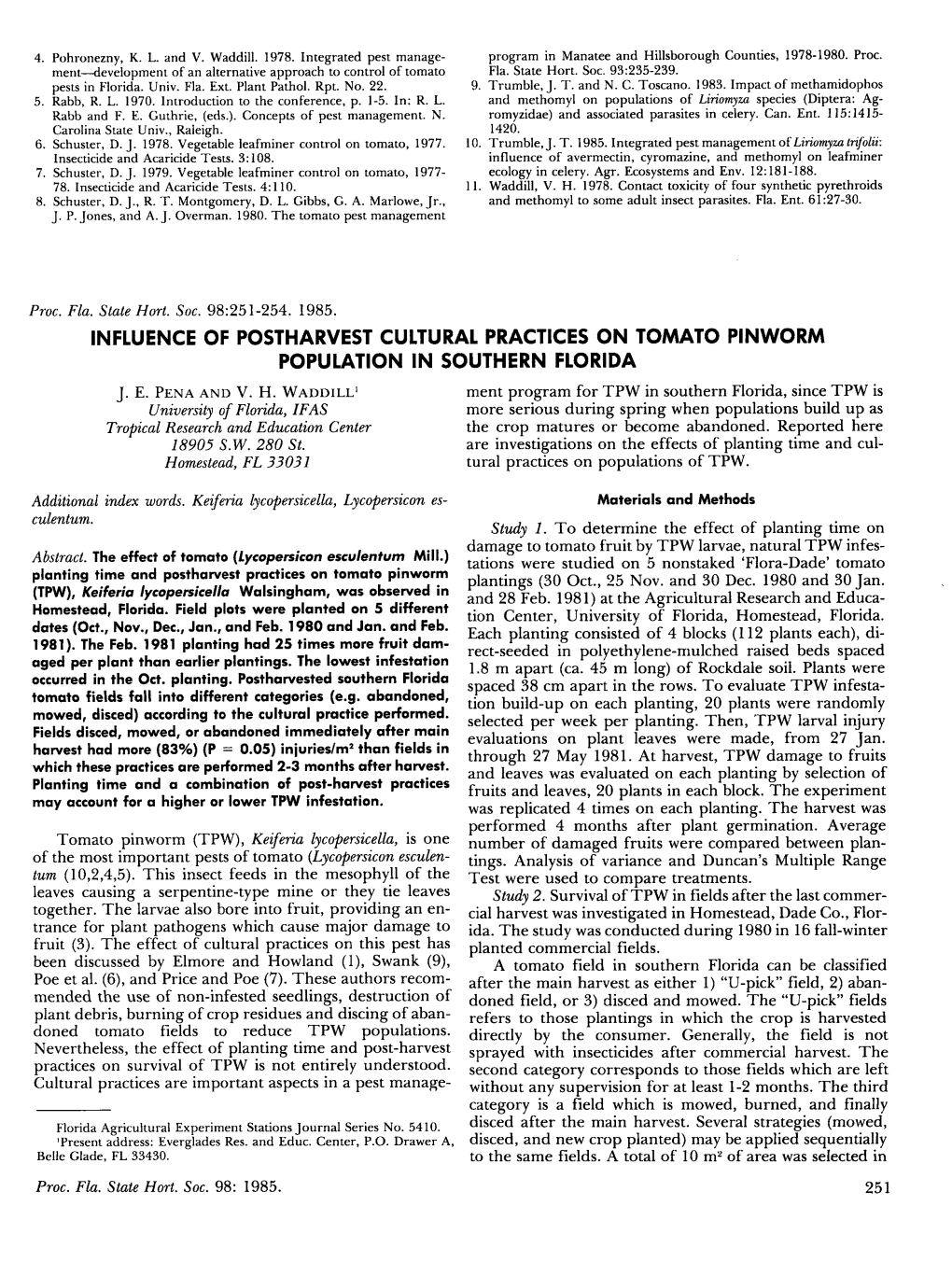 Influence of Postharvest Cultural Practices on Tomato Pinworm Population in Southern Florida