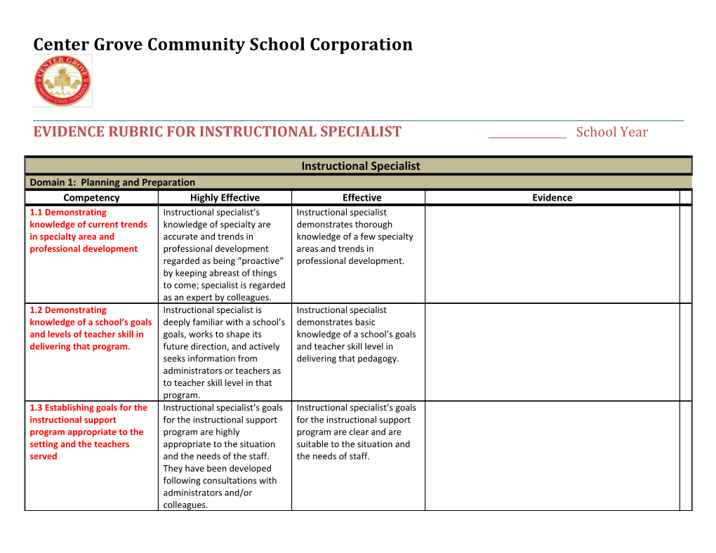 EVIDENCE RUBRIC for INSTRUCTIONAL SPECIALIST School Year