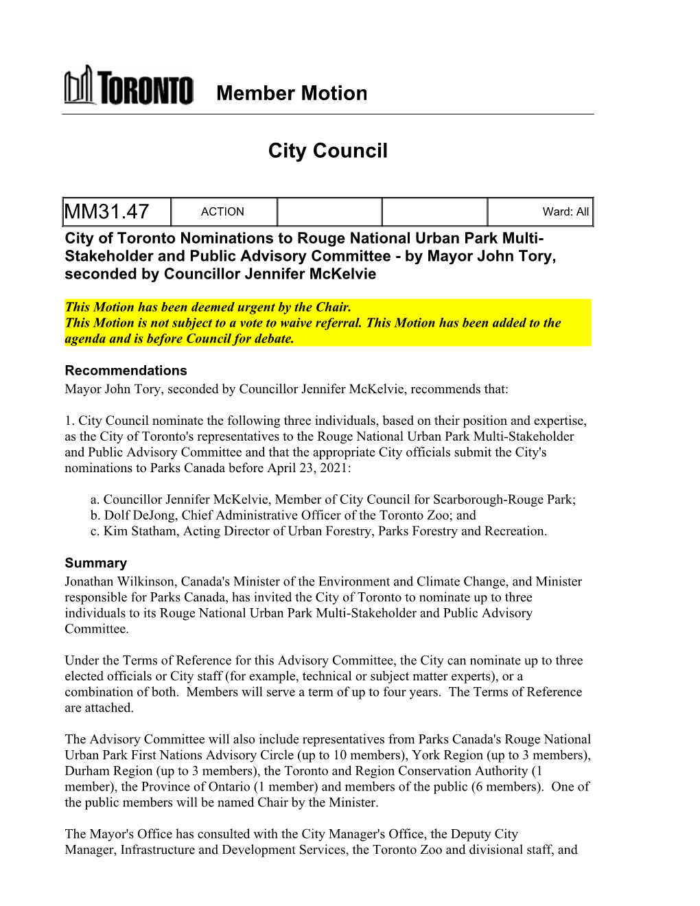 Member Motion City Council MM31.47