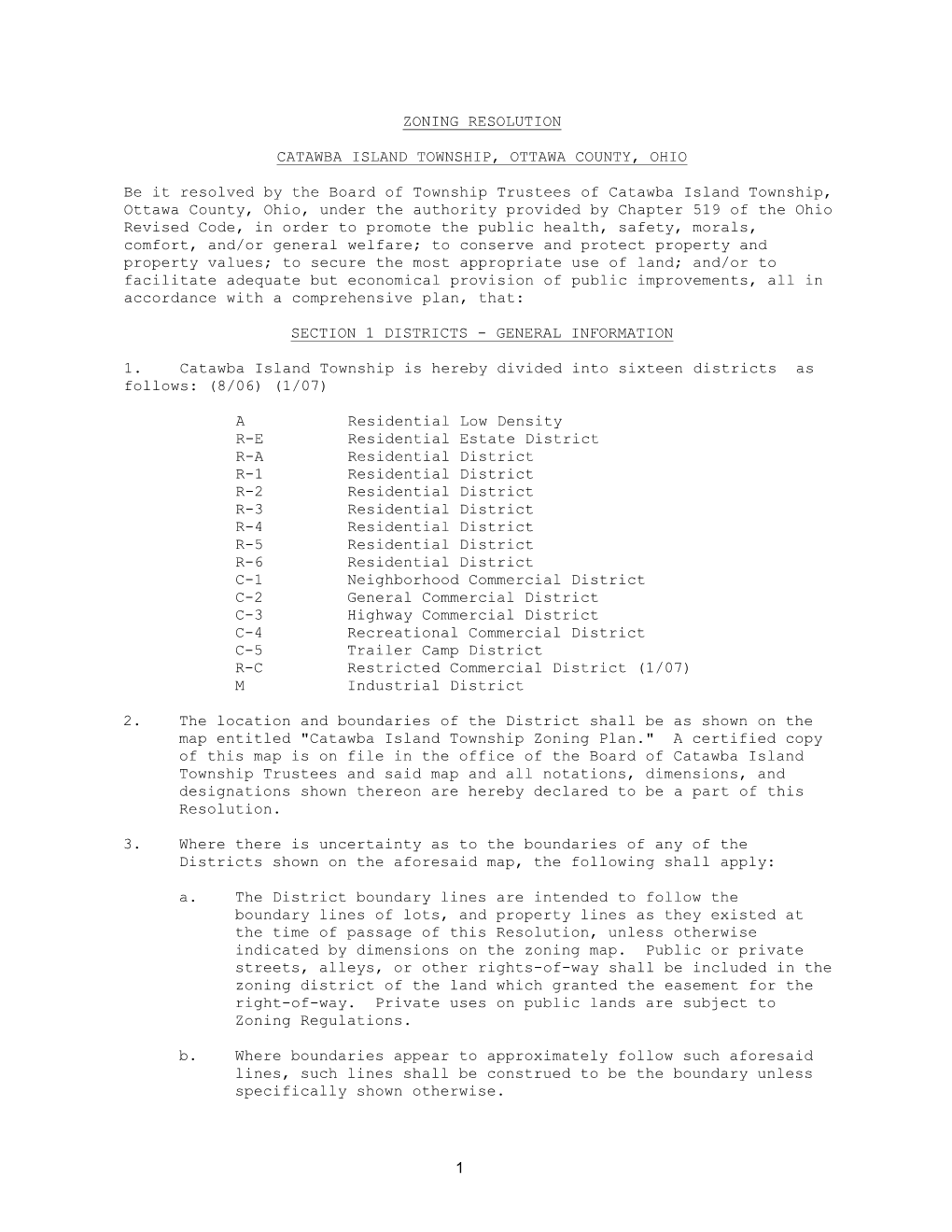 1 Zoning Resolution Catawba Island Township, Ottawa