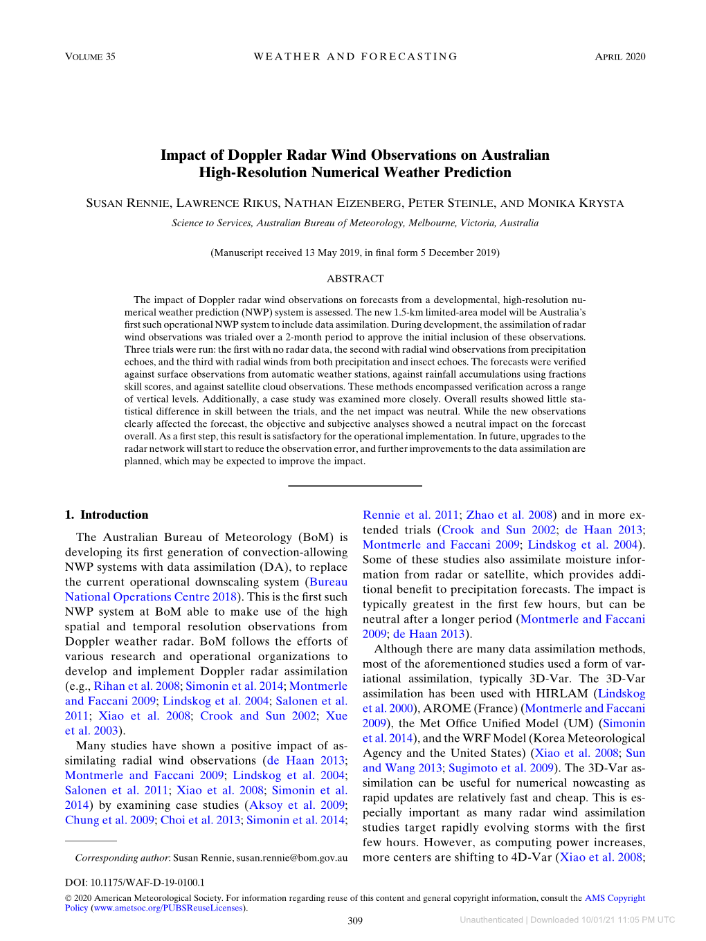 Impact of Doppler Radar Wind Observations on Australian High-Resolution Numerical Weather Prediction