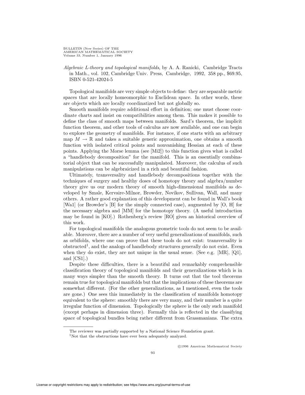 Algebraic L-Theory and Topological Manifolds, by A. A. Ranicki, Cambridge Tracts in Math., Vol