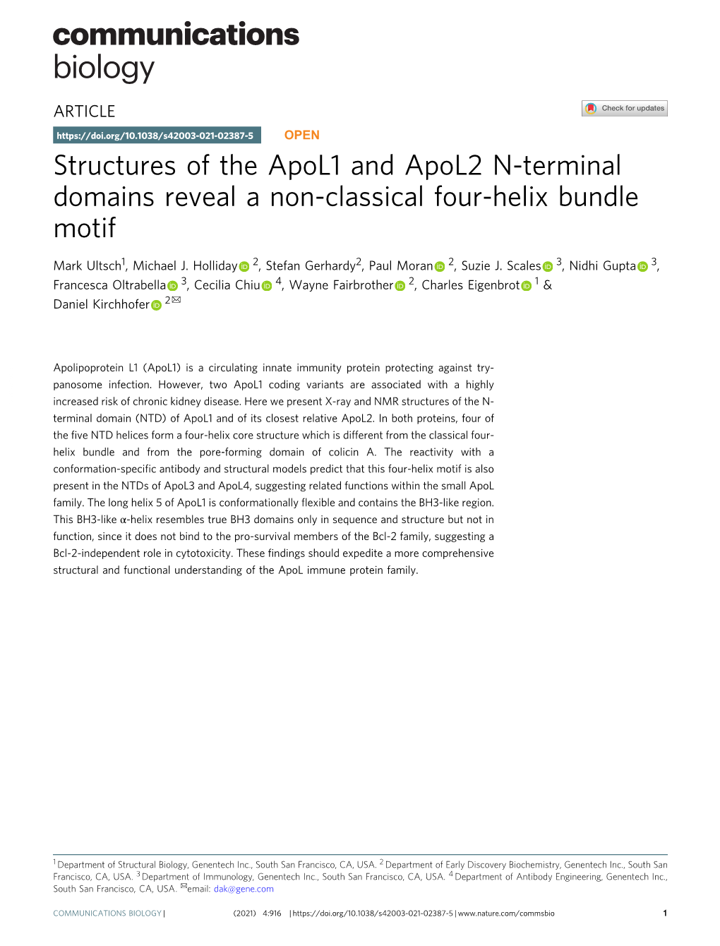 Structures of the Apol1 and Apol2 N-Terminal Domains Reveal a Non-Classical Four-Helix Bundle Motif