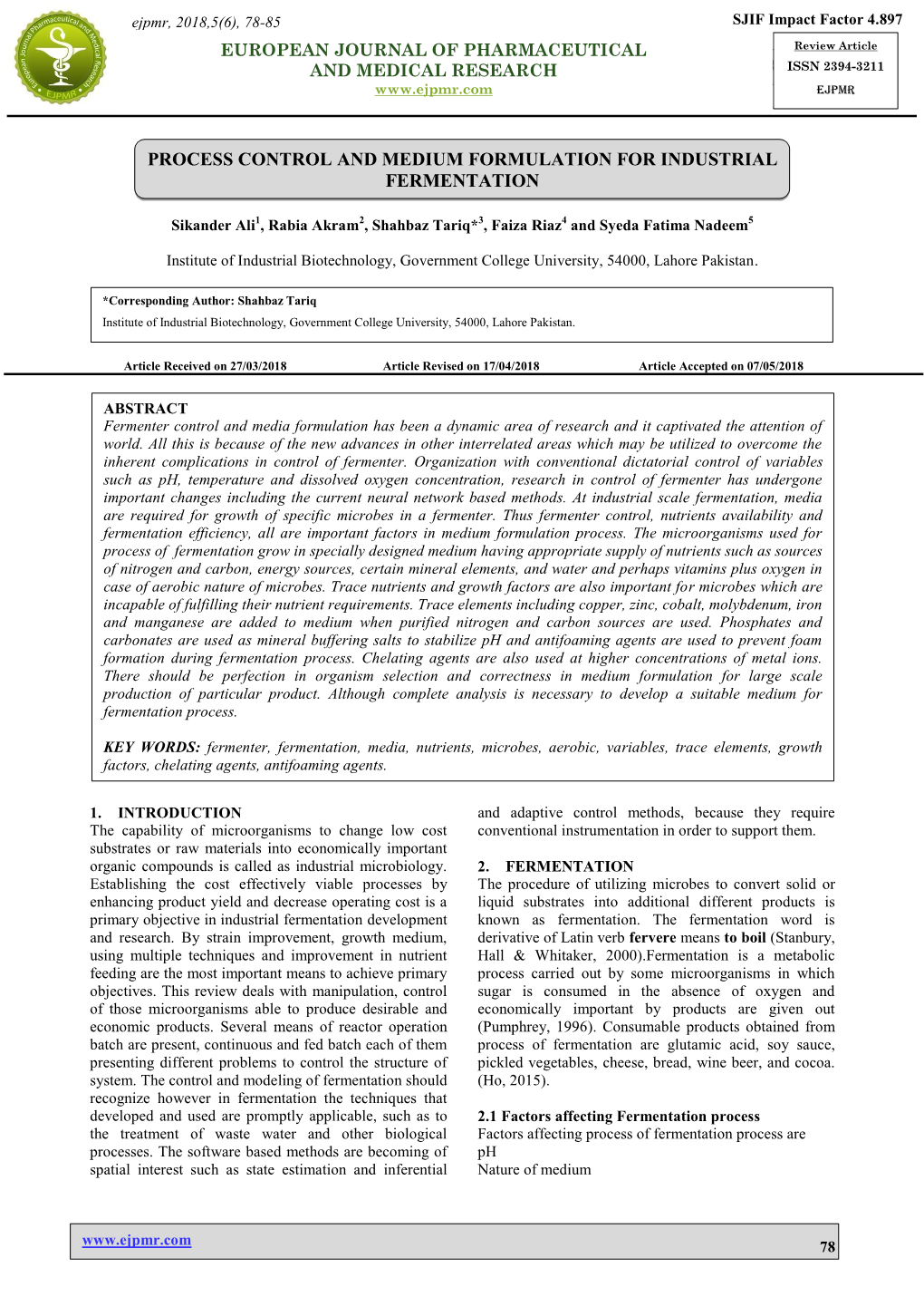 Process Control and Medium Formulation for Industrial Fermentation