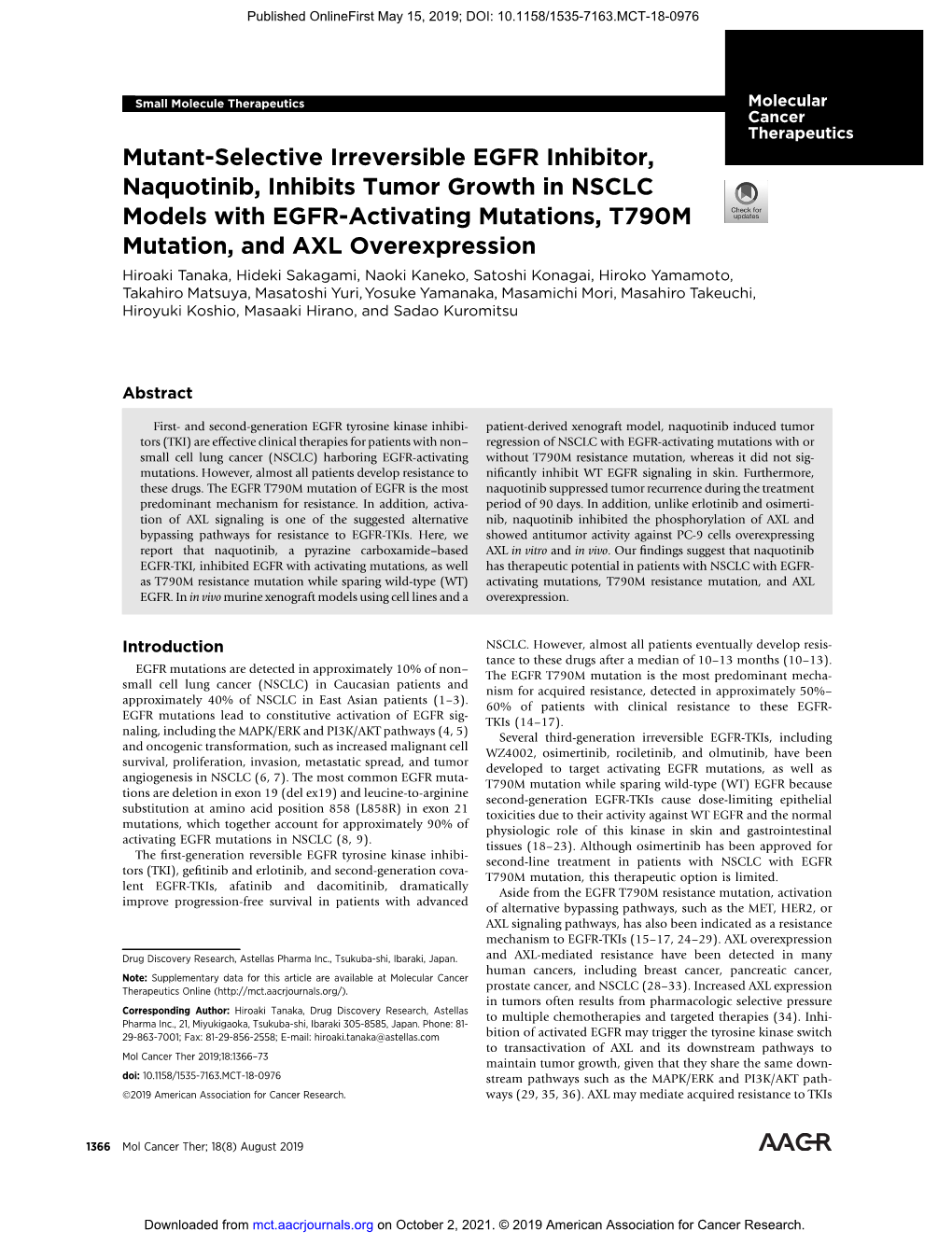 Mutant-Selective Irreversible EGFR Inhibitor, Naquotinib, Inhibits Tumor Growth in NSCLC Models with EGFR-Activating Mutations