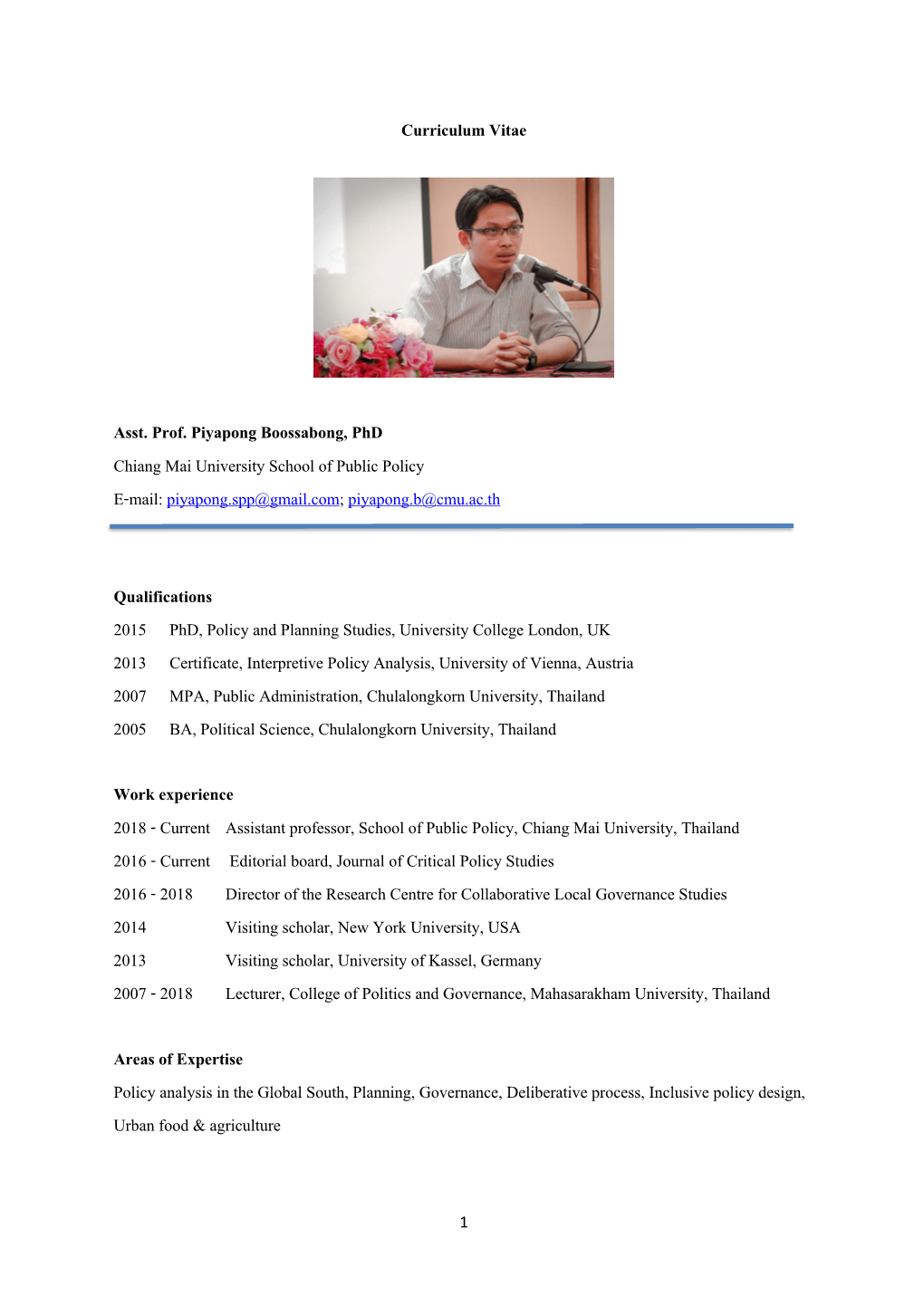 Curriculum Vitae Asst. Prof. Piyapong Boossabong, Phd Chiang Mai