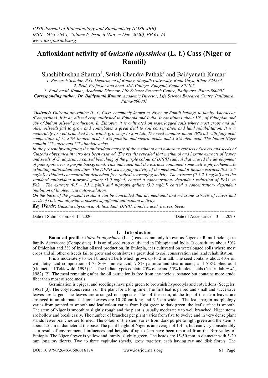 Antioxidant Activity of Guizotia Abyssinica (L. F.) Cass (Niger Or Ramtil)