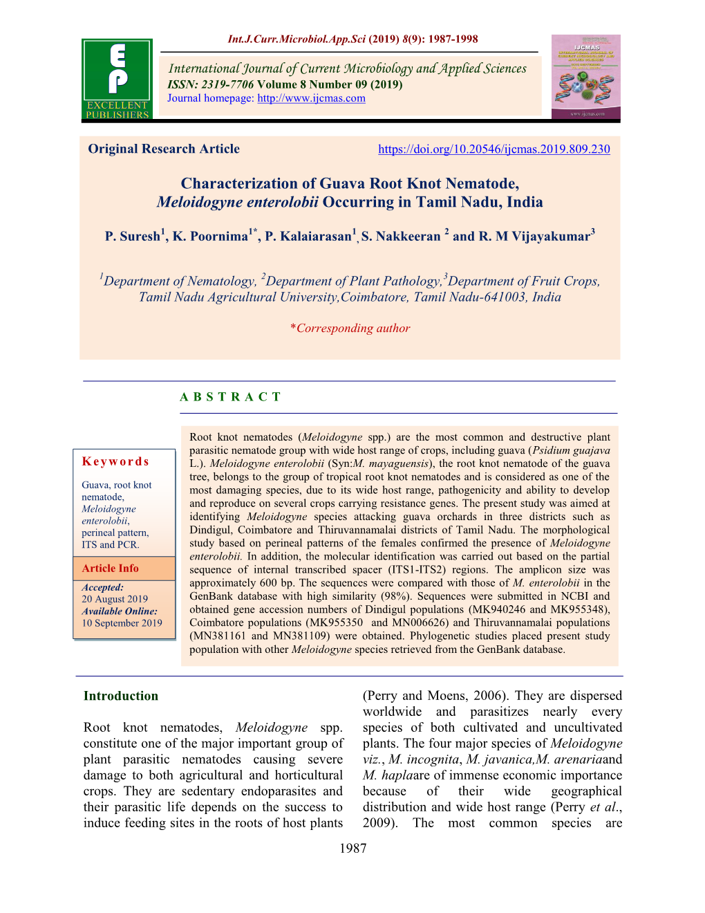 Characterization of Guava Root Knot Nematode, Meloidogyne Enterolobii Occurring in Tamil Nadu, India