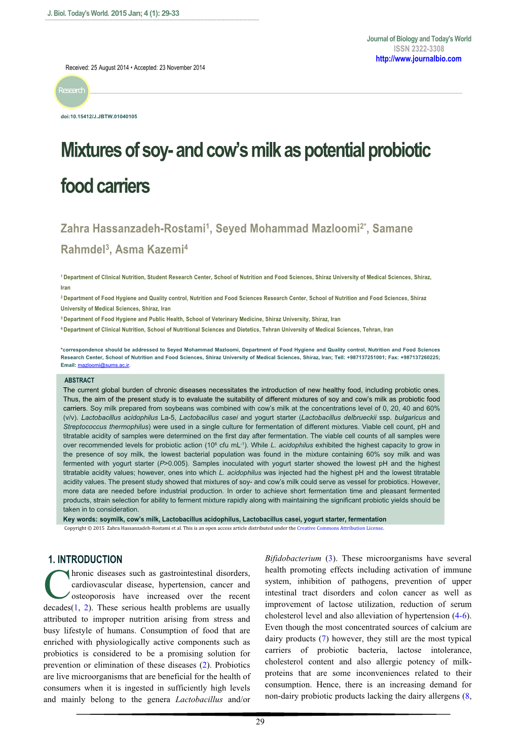 Mixtures of Soy- and Cow’S Milk As Potential Probiotic Food Carriers