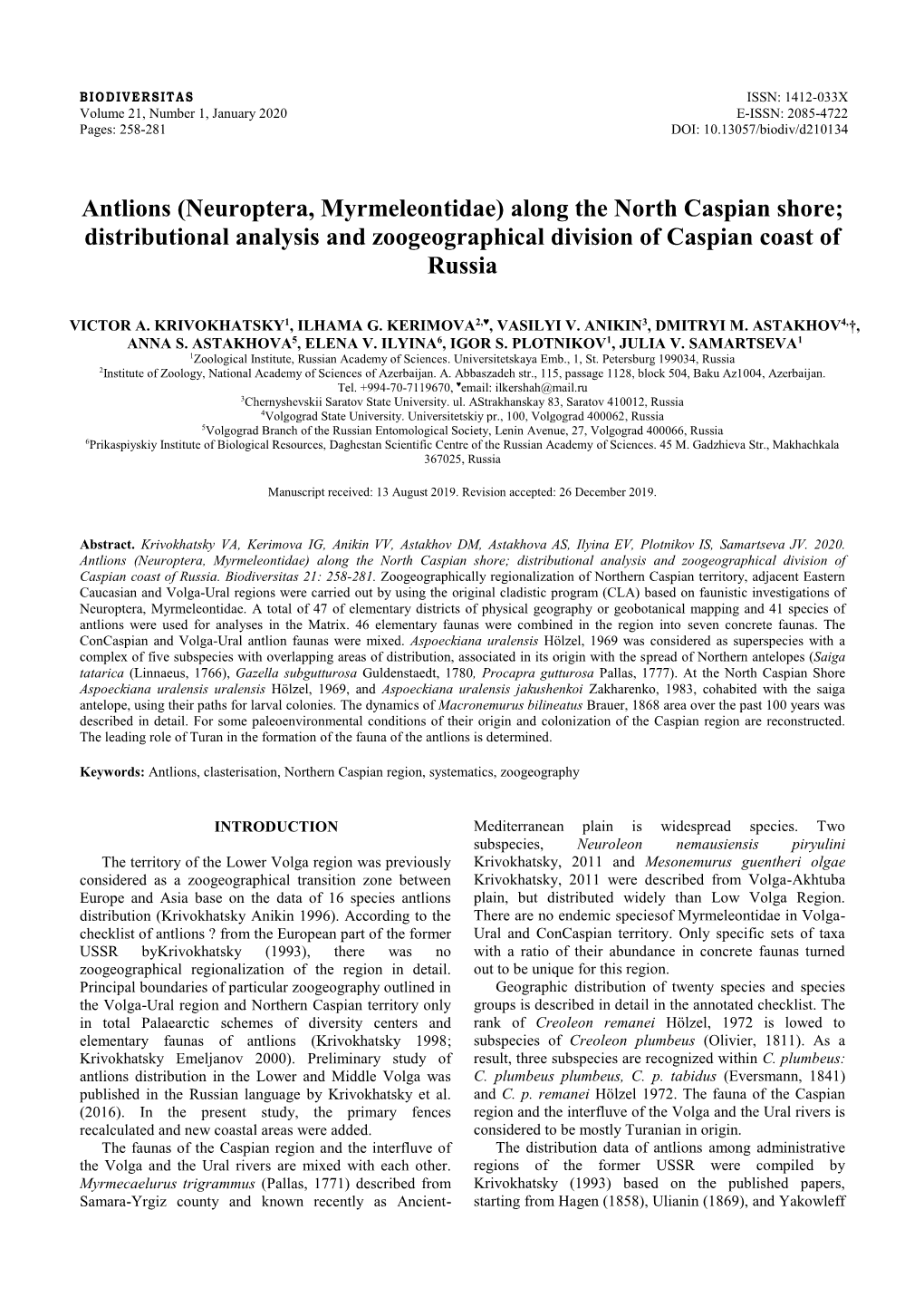 Antlions (Neuroptera, Myrmeleontidae) Along the North Caspian Shore; Distributional Analysis and Zoogeographical Division of Caspian Coast of Russia