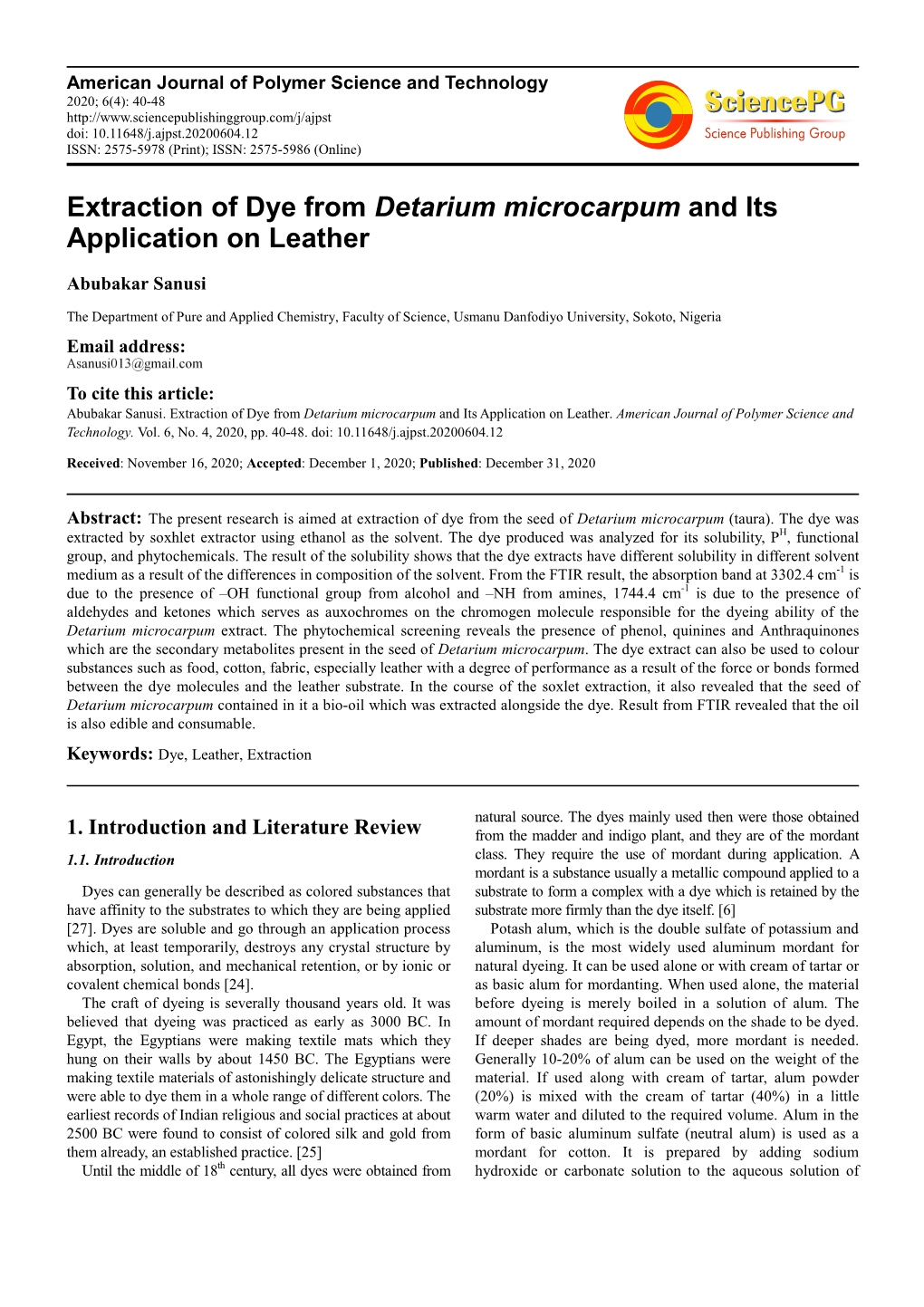 Extraction of Dye from Detarium Microcarpum and Its Application on Leather