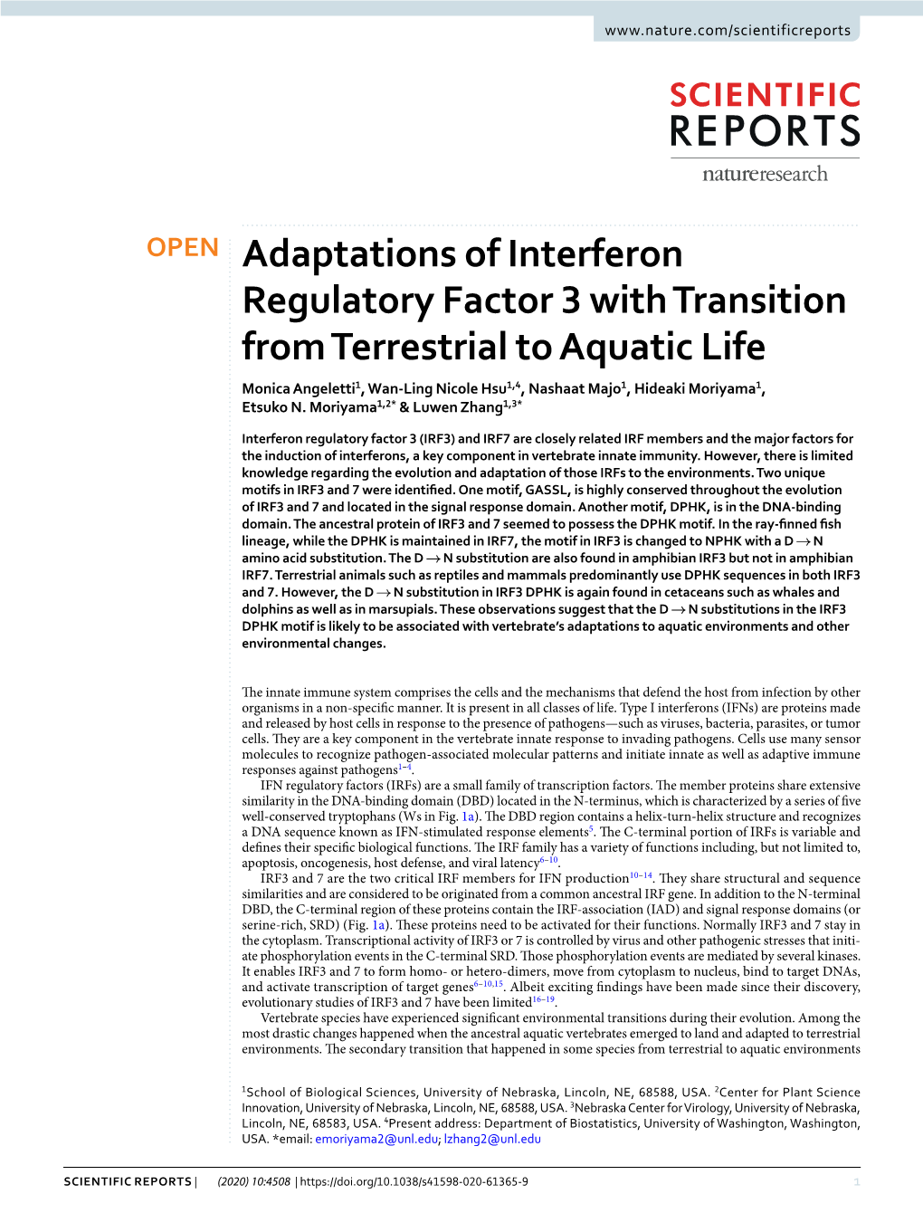 Adaptations of Interferon Regulatory Factor 3 with Transition from Terrestrial to Aquatic Life