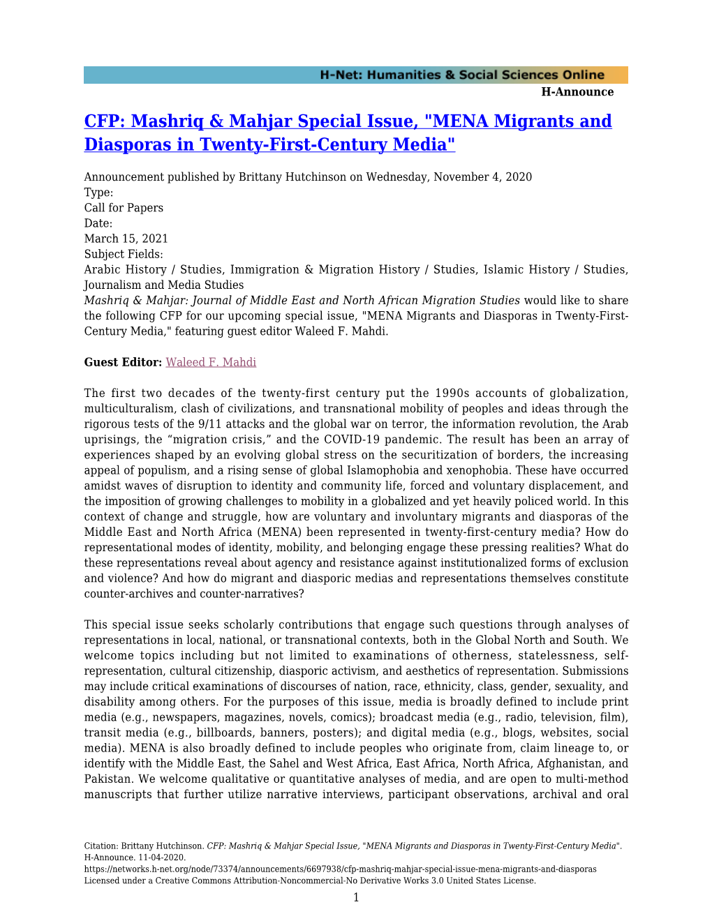 CFP: Mashriq & Mahjar Special Issue, "MENA Migrants And