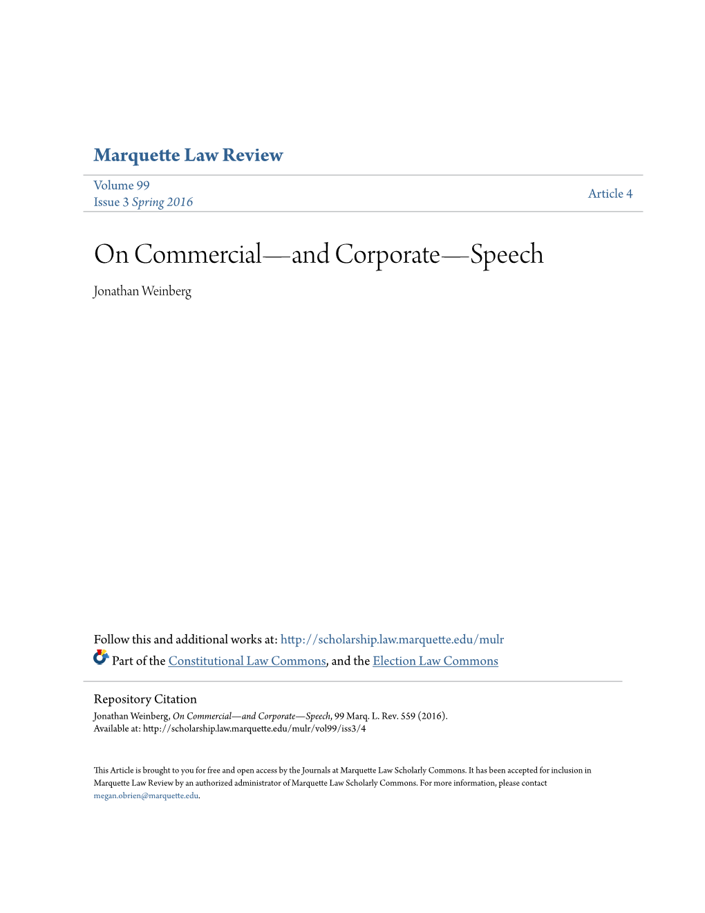 On Commercial—And Corporate—Speech Jonathan Weinberg