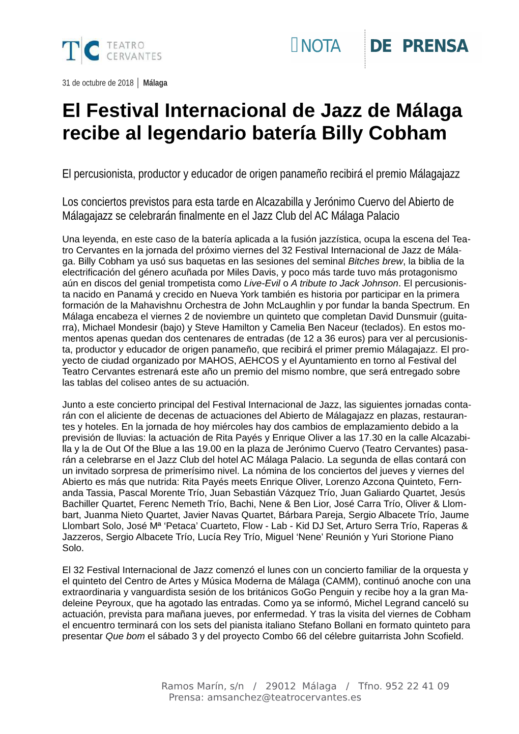 El Festival Internacional De Jazz De Málaga Recibe Al Legendario Batería Billy Cobham