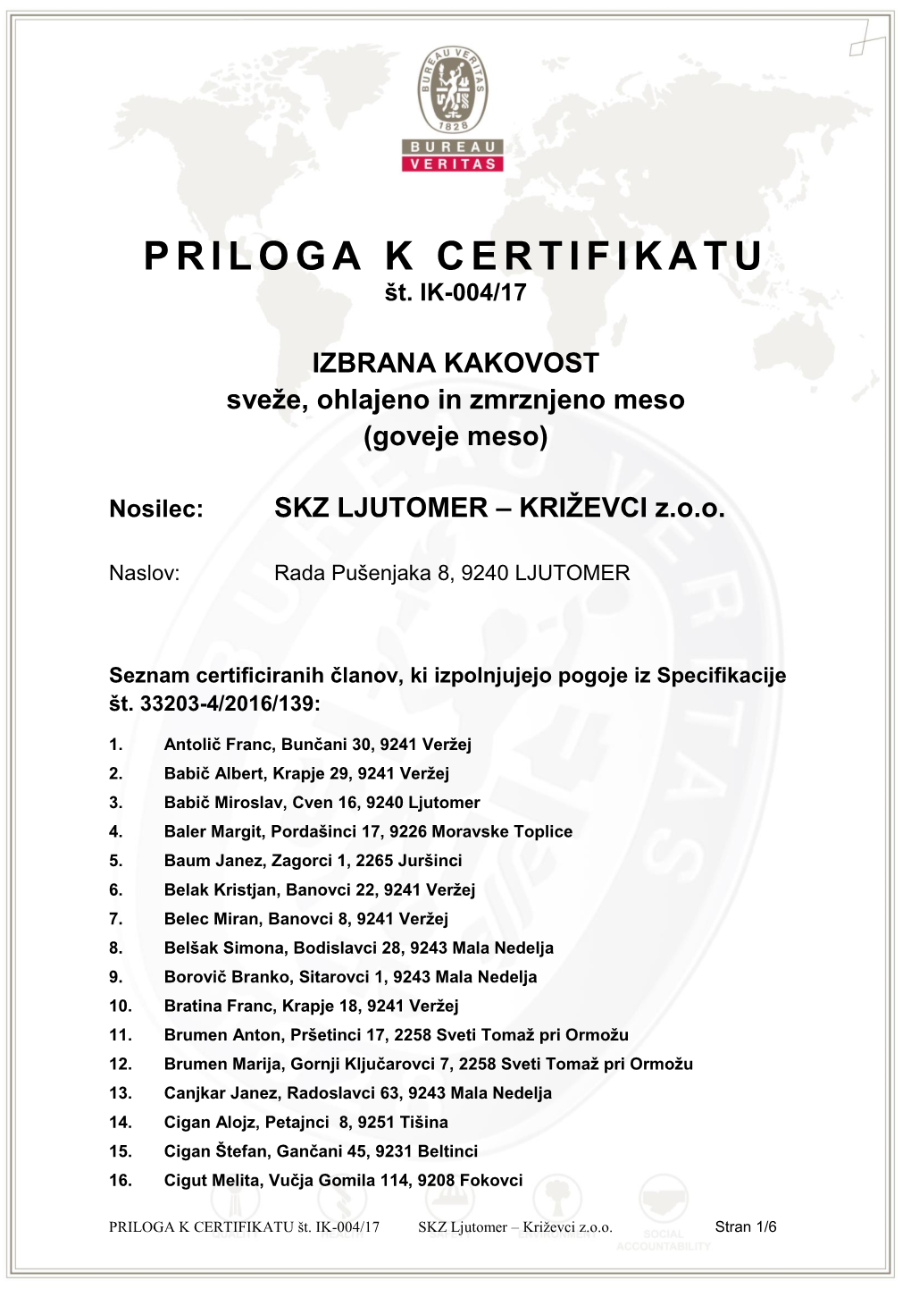 PRILOGA K CERTIFIKATU Št