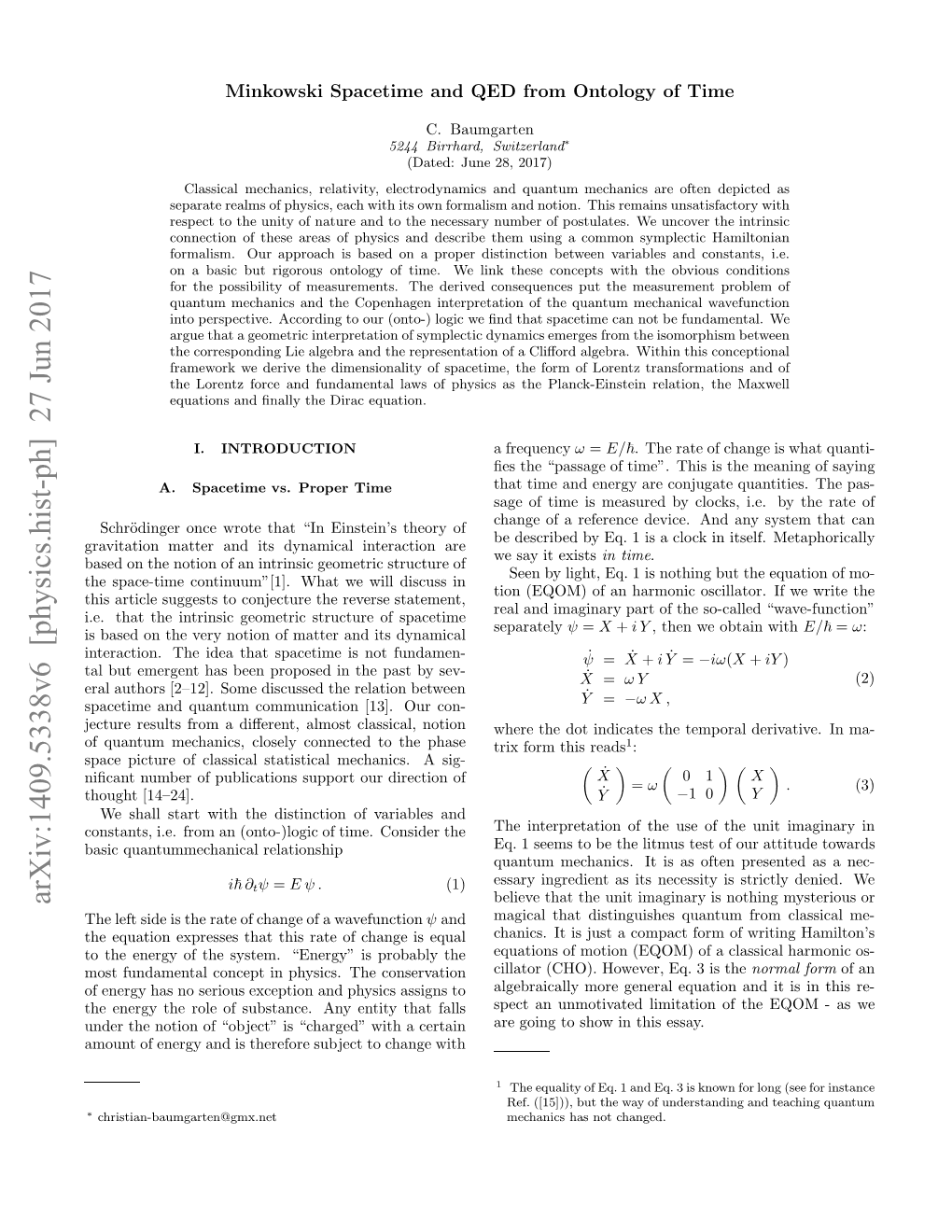 Minkowski Spacetime and QED from Ontology of Time