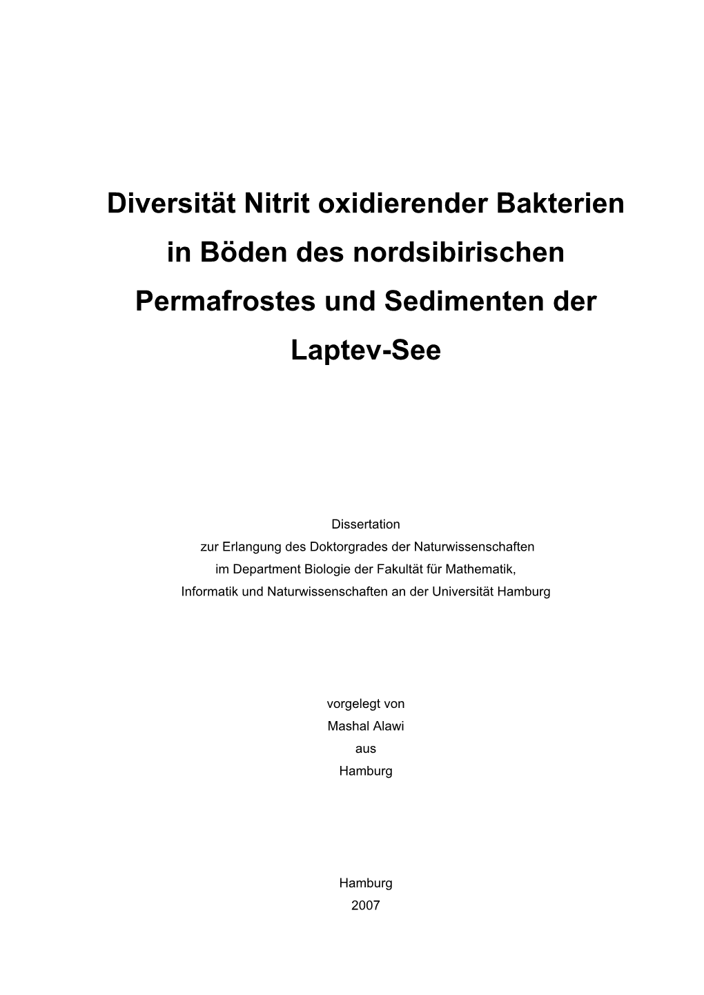 Diversität Nitrit Oxidierender Bakterien in Böden Des Nordsibirischen Permafrostes Und Sedimenten Der Laptev-See