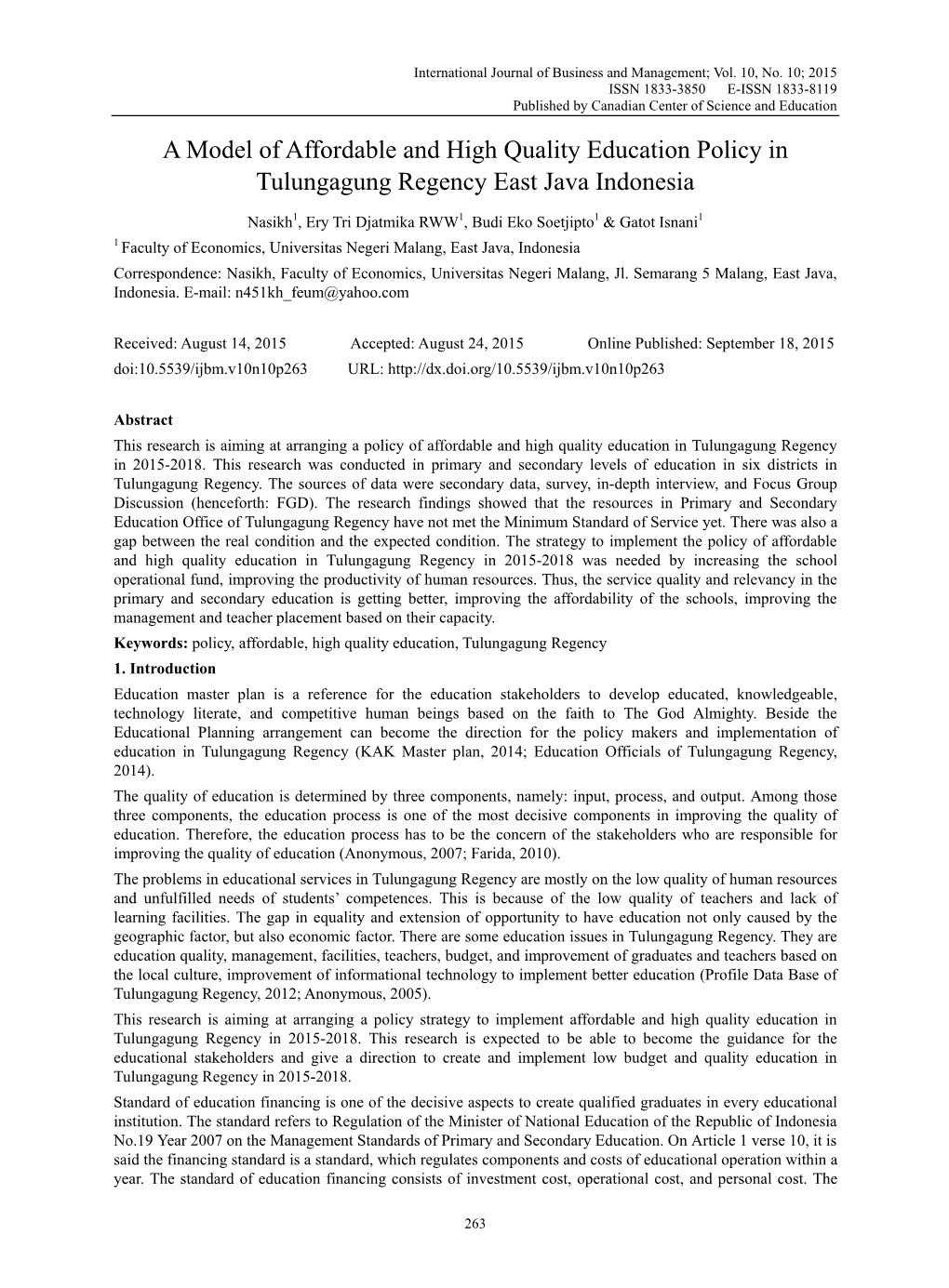 A Model of Affordable and High Quality Education Policy in Tulungagung Regency East Java Indonesia