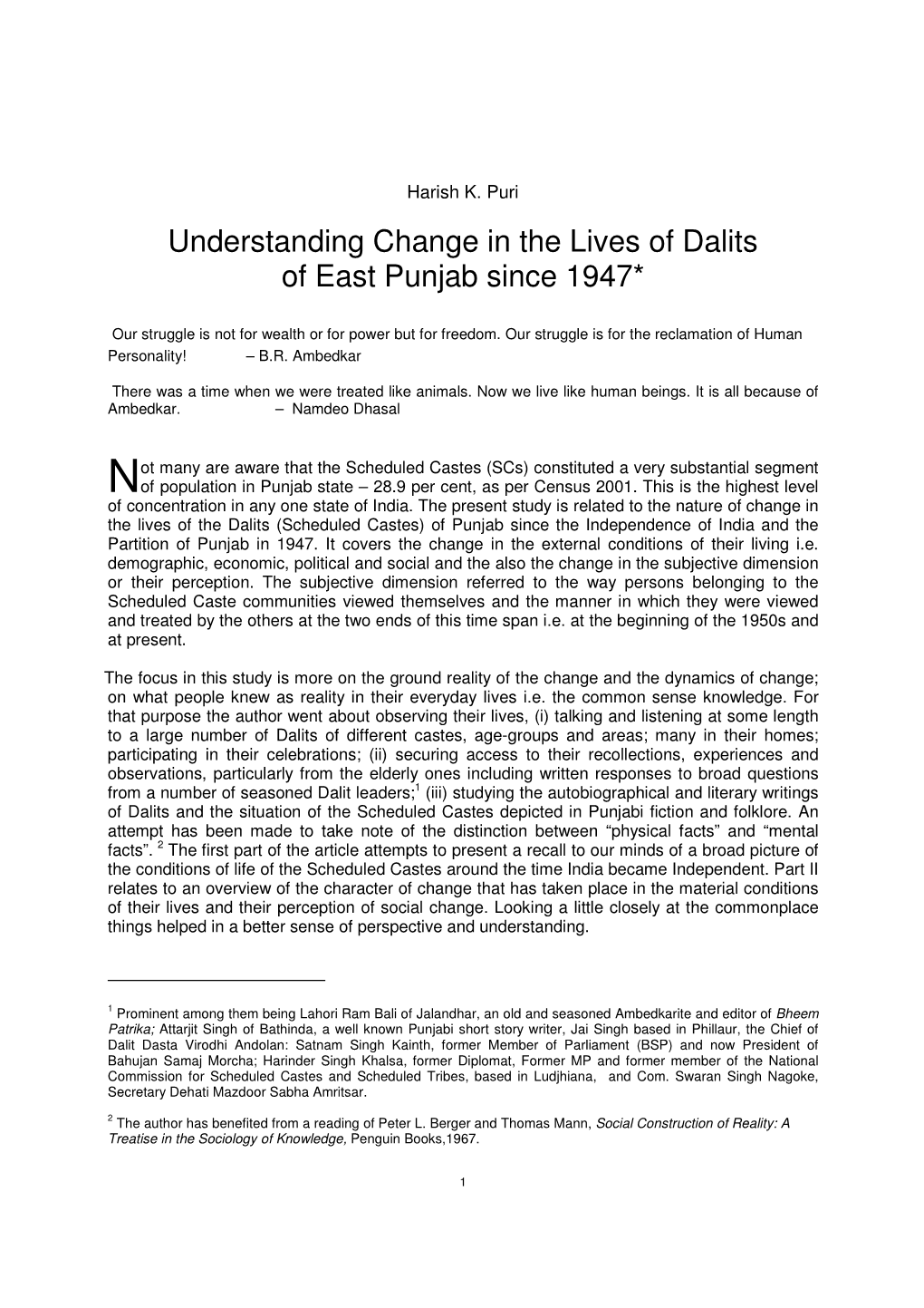 Understanding Change in the Lives of Dalits of East Punjab Since 1947*