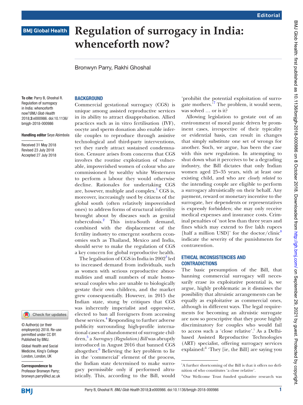 Regulation of Surrogacy in India: Whenceforth Now?