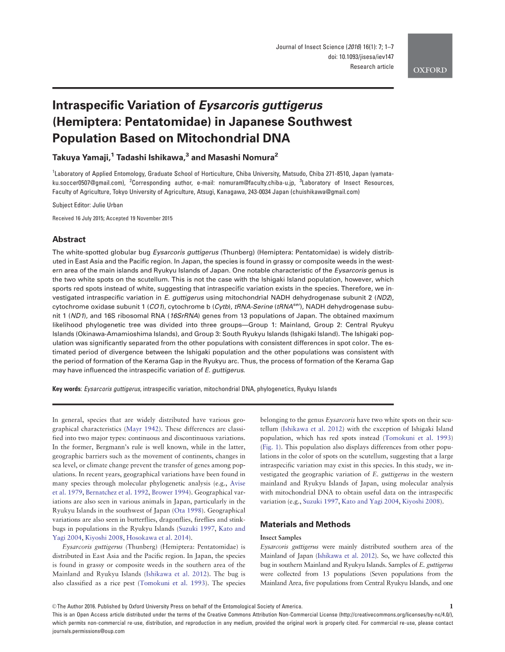 Intraspecific Variation of Eysarcoris Guttigerus (Hemiptera: Pentatomidae) in Japanese Southwest Population Based on Mitochondrial DNA