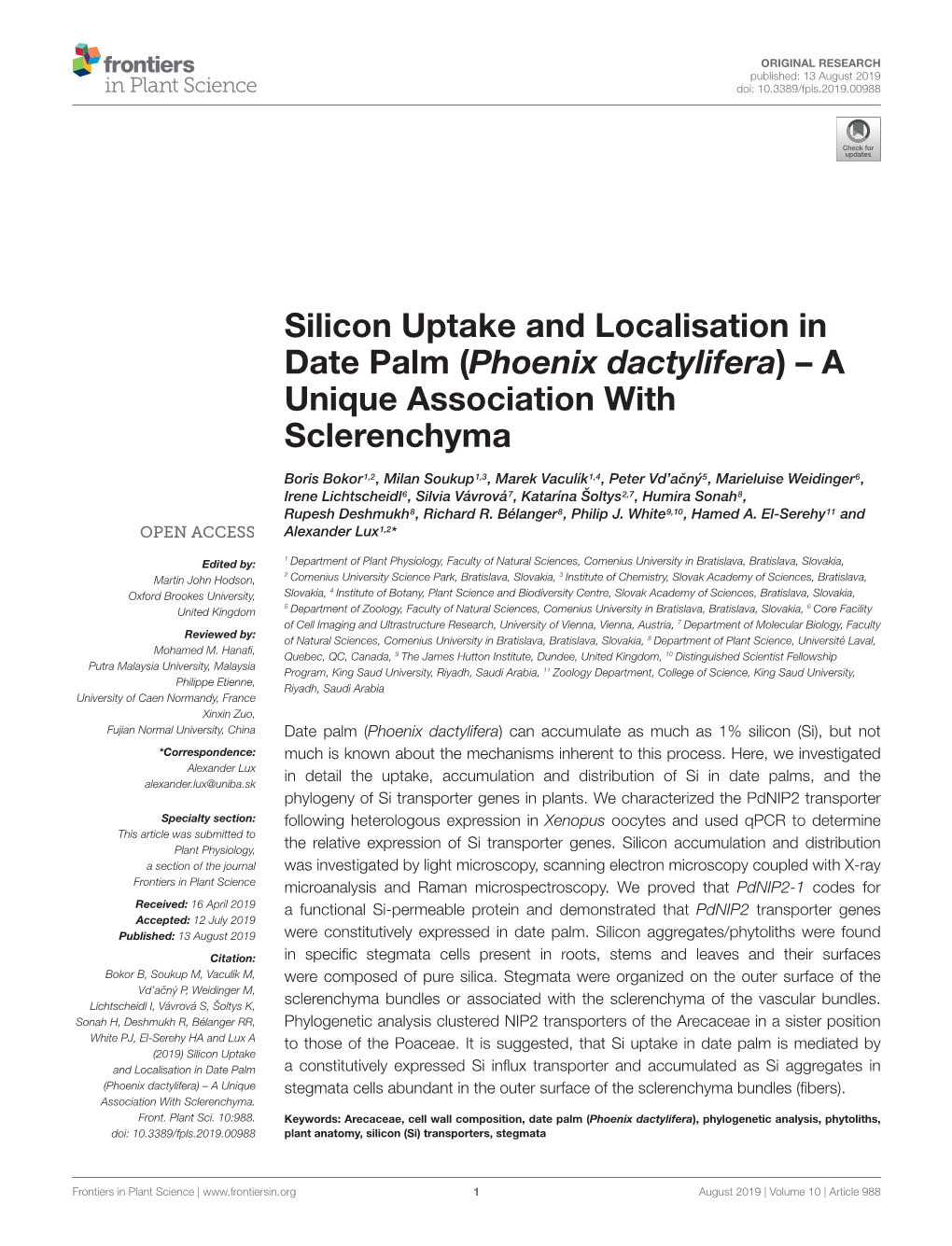Silicon Uptake and Localisation in Date Palm (Phoenix Dactylifera)–A Unique Association with Sclerenchyma