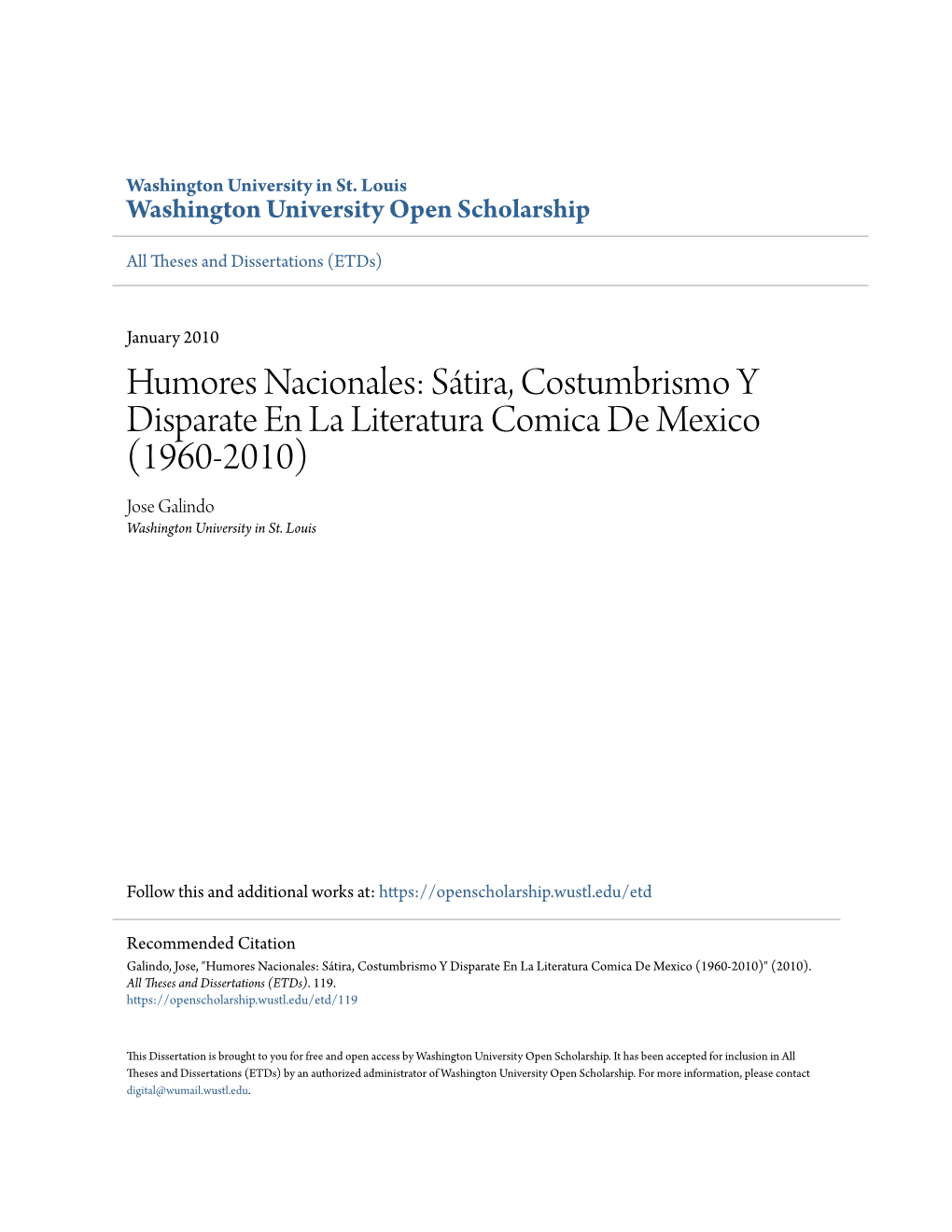 Sátira, Costumbrismo Y Disparate En La Literatura Comica De Mexico (1960-2010) Jose Galindo Washington University in St