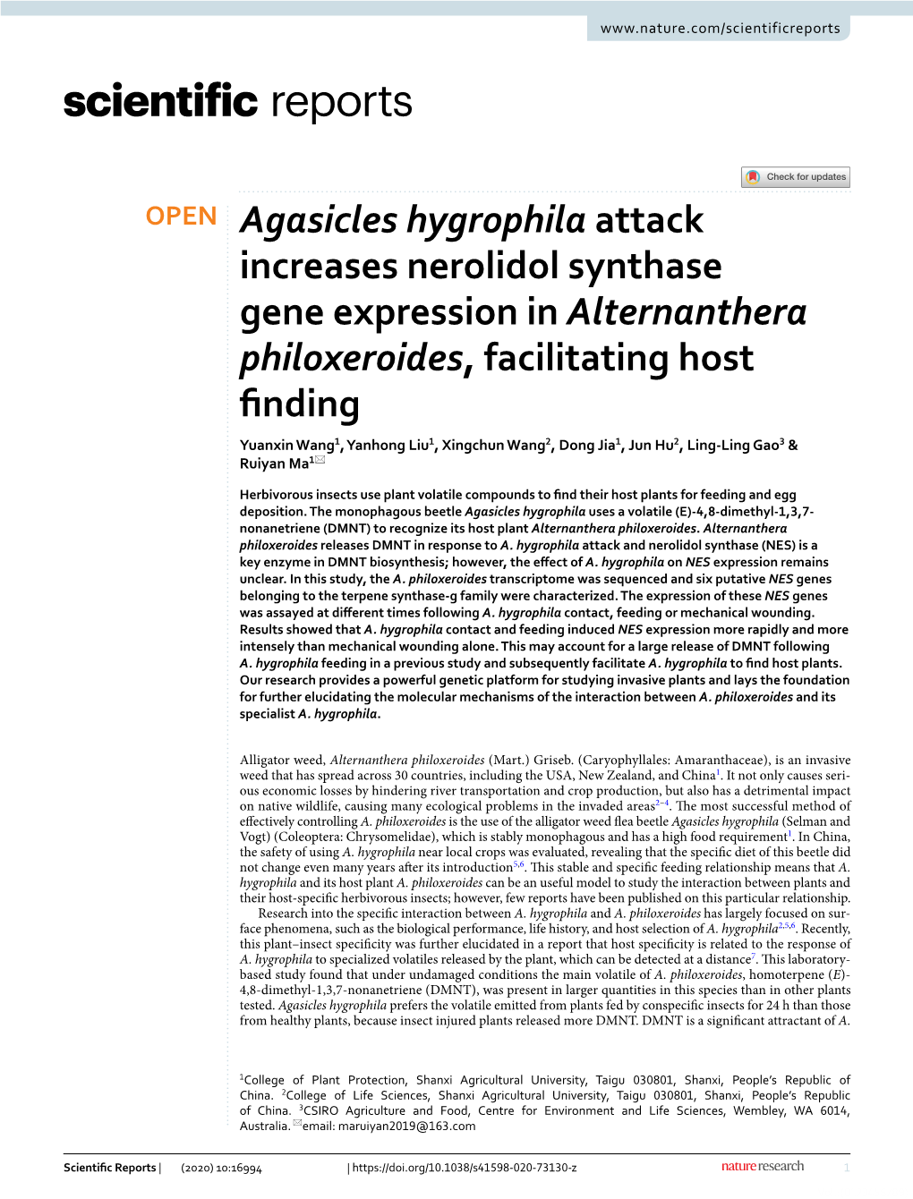 Agasicles Hygrophila Attack Increases Nerolidol Synthase Gene Expression in Alternanthera Philoxeroides, Facilitating Host Findi