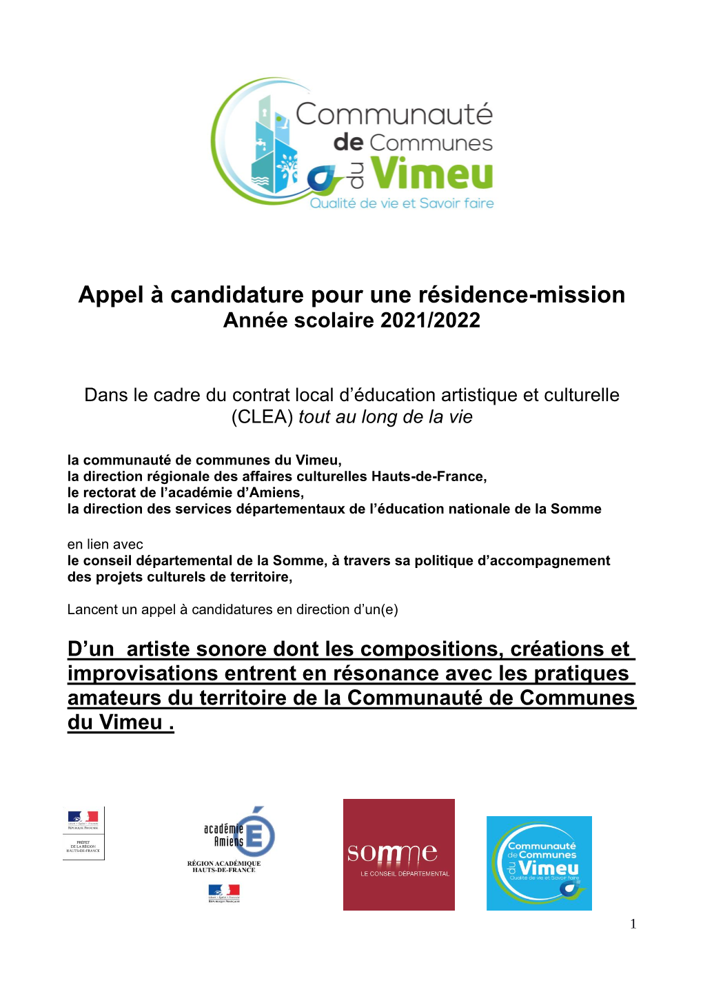 Appel À Candidature Pour Une Résidence-Mission Année Scolaire 2021/2022