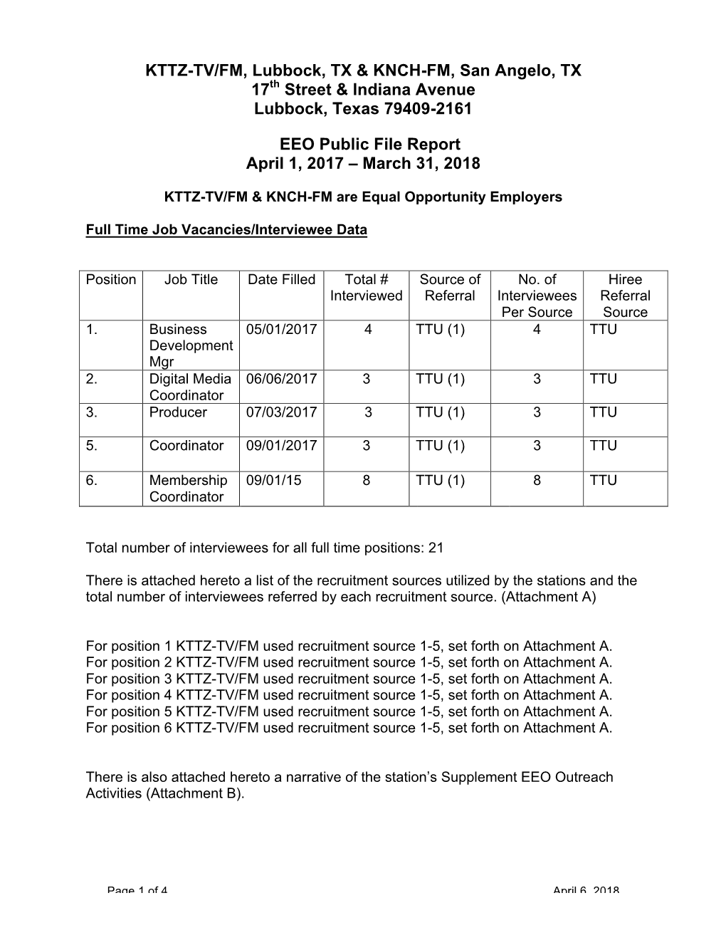 KTTZ-TV/FM, Lubbock, TX & KNCH-FM, San Angelo, TX 17Th Street & Indiana Avenue Lubbock, Texas 79409-2161 EEO Public File