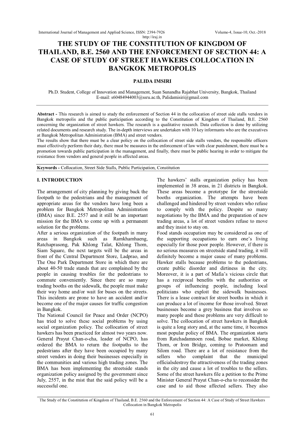 The Study of the Constitution of Kingdom of Thailand, B.E