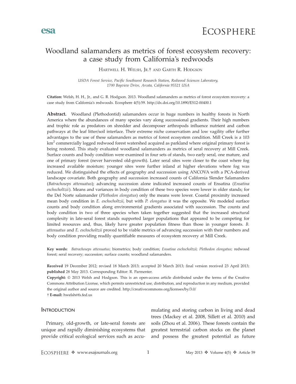 Woodland Salamanders As Metrics of Forest Ecosystem Recovery: a Case Study from California’S Redwoods