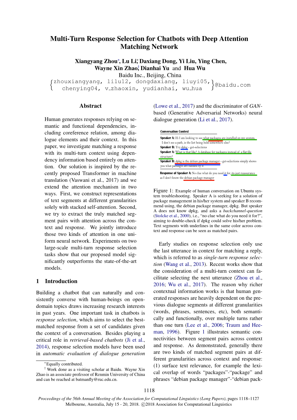 Multi-Turn Response Selection for Chatbots with Deep Attention Matching Network