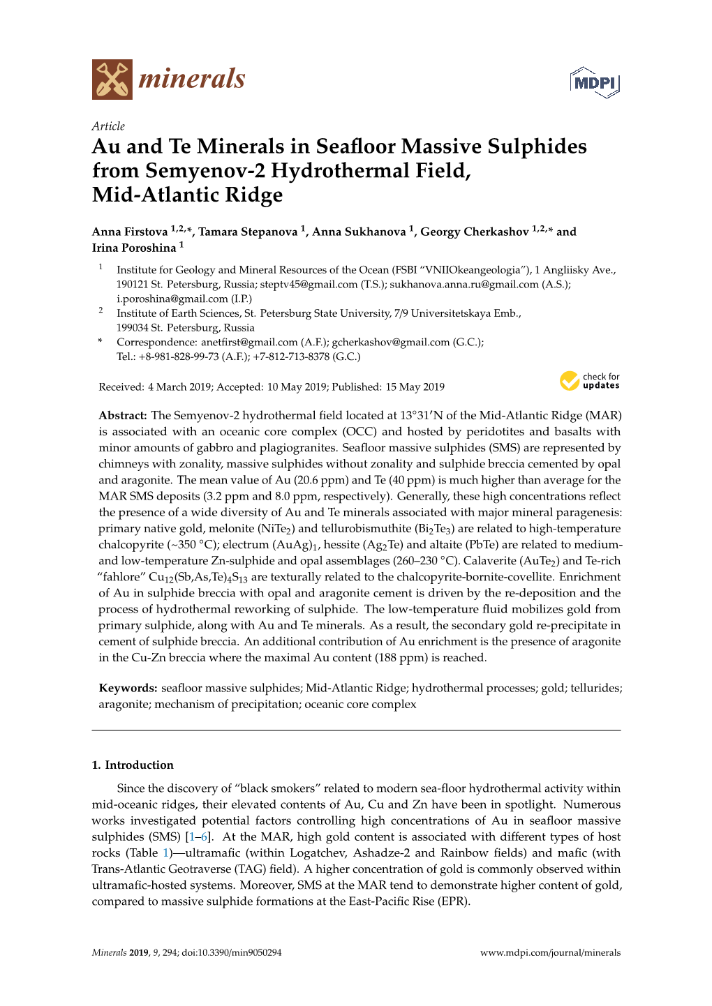 Au and Te Minerals in Seafloor Massive Sulphides from Semyenov