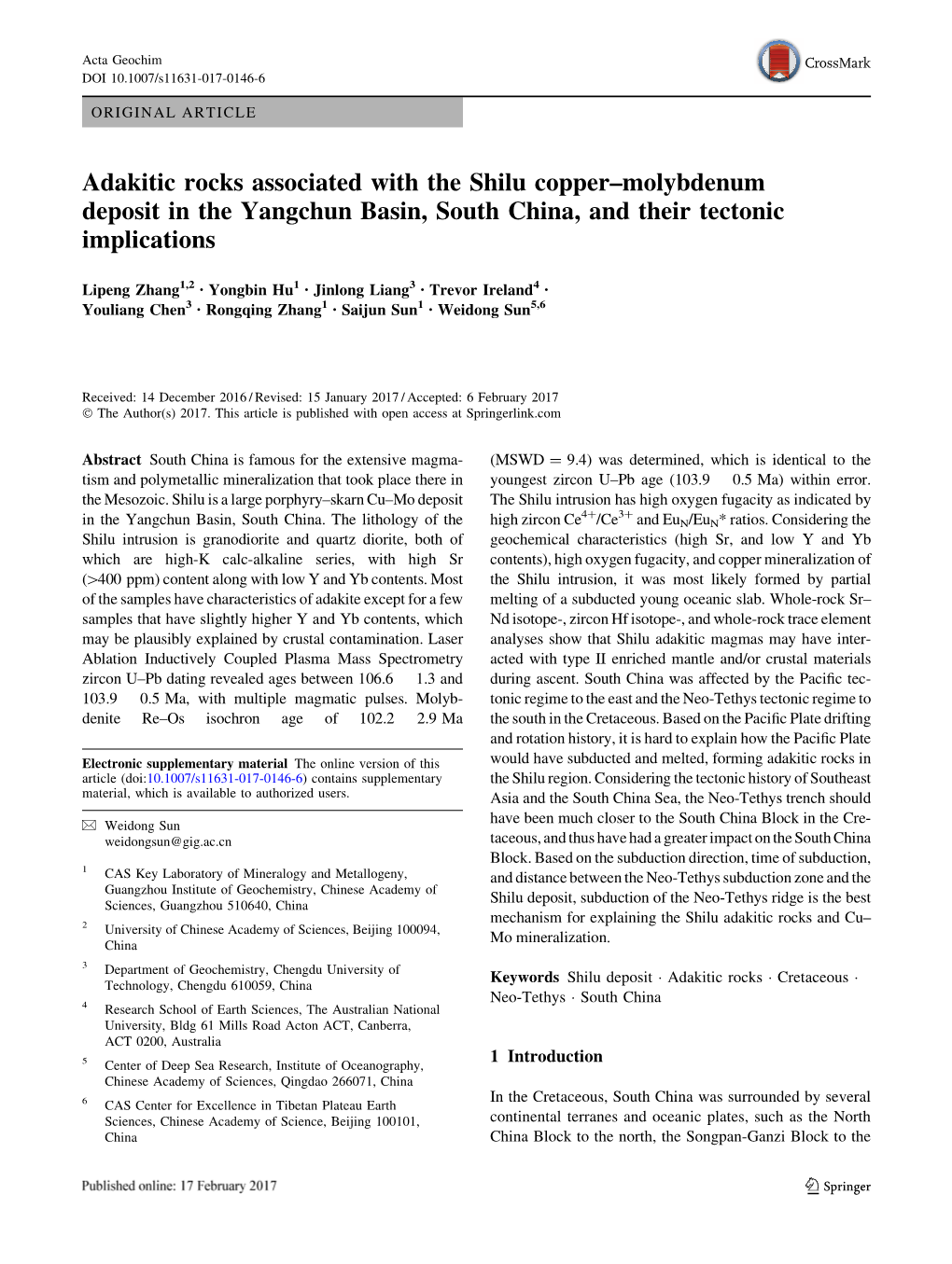 Adakitic Rocks Associated with the Shilu Copper–Molybdenum Deposit in the Yangchun Basin, South China, and Their Tectonic Implications